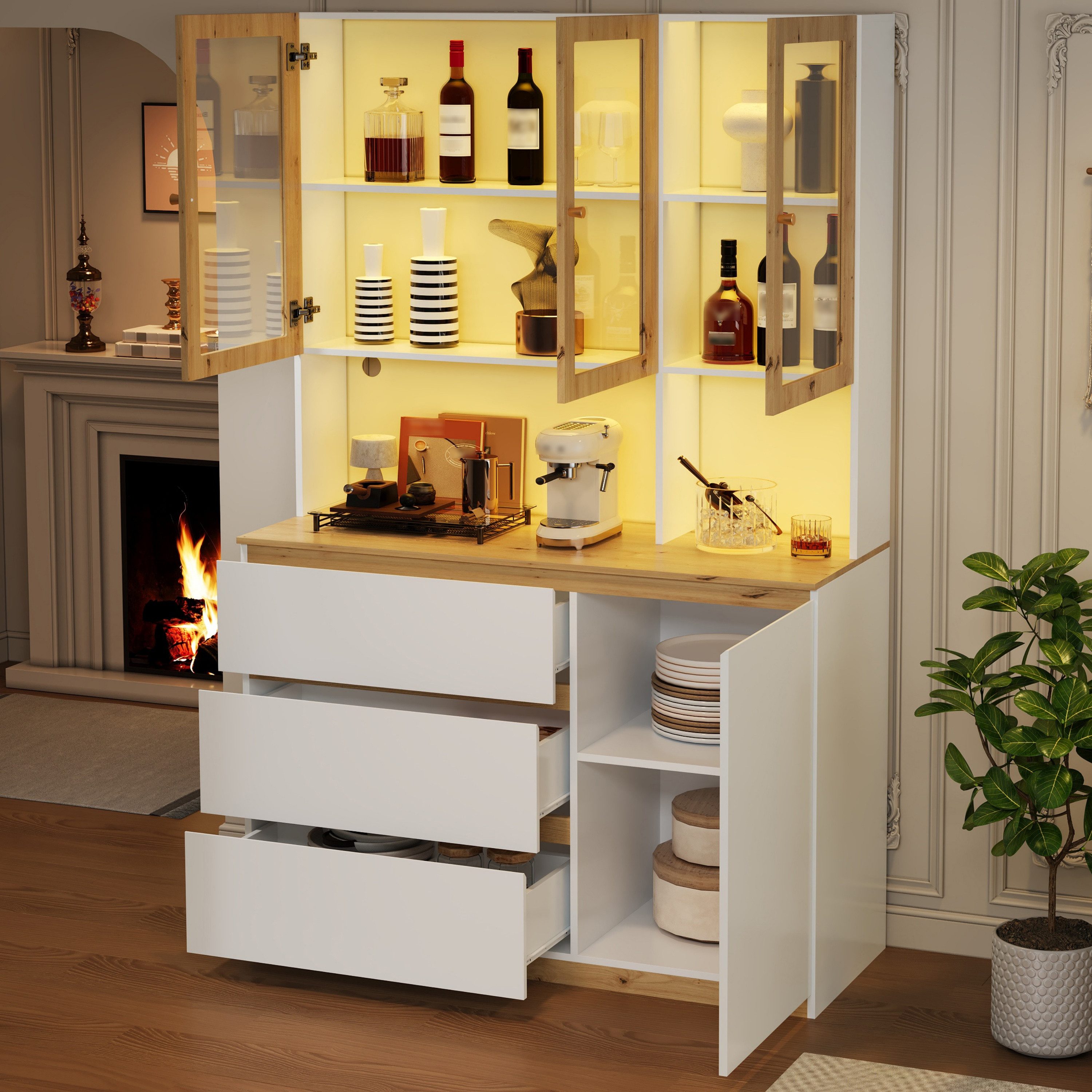 Flieks Küchenbuffet Hochschrank mit Arbeitsplatte in Holzoptik und LED-Beleuchtung (1-St., B120/T40/H200 cm) Glasvitrine Mehrzweckschrank mit Glastüren und Schubladen Weiß