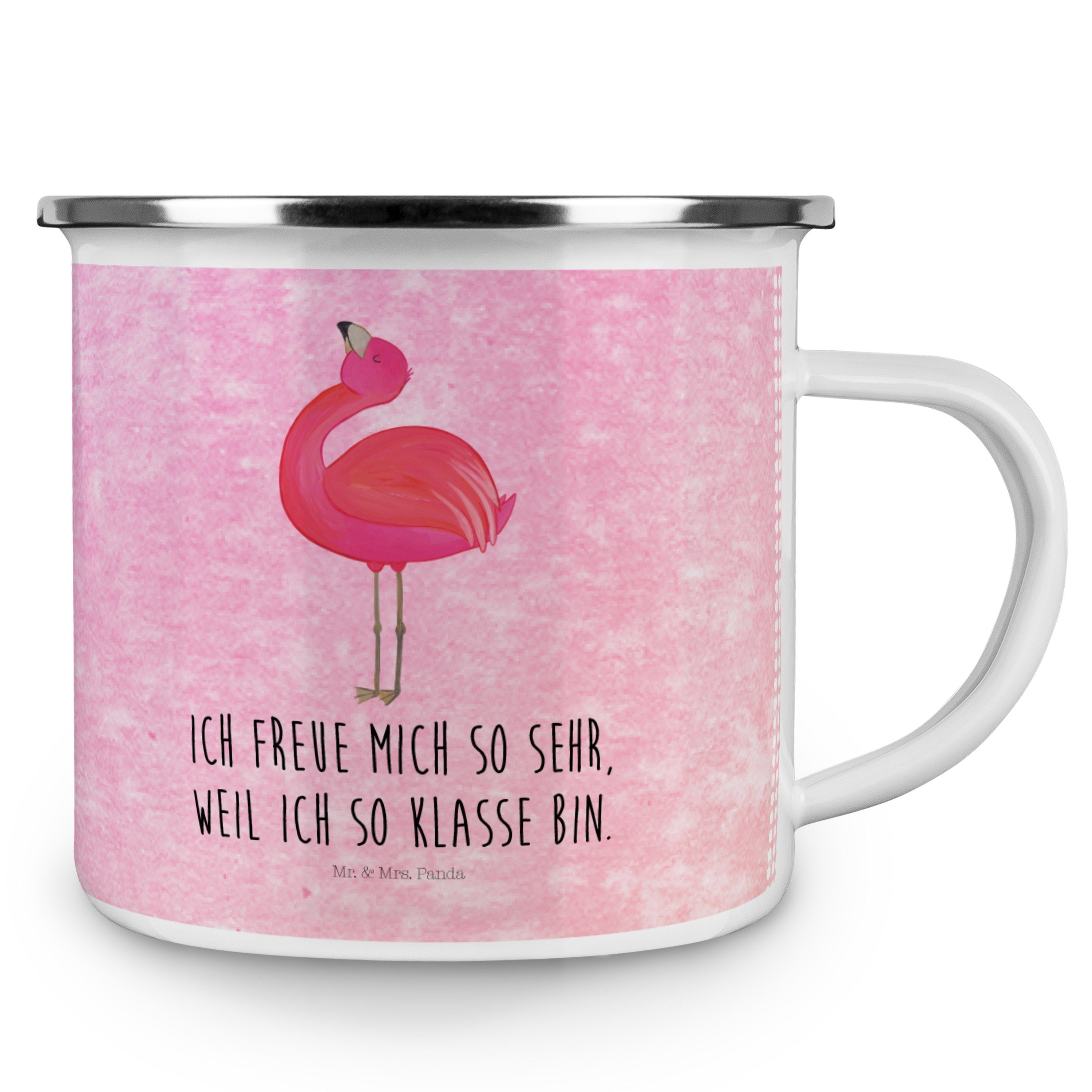 Mr. & Flamingo - Emaille Blechtasse Geschenk, Outdoor, Freude, Becher Pink stolz Aquarell - Panda Mrs