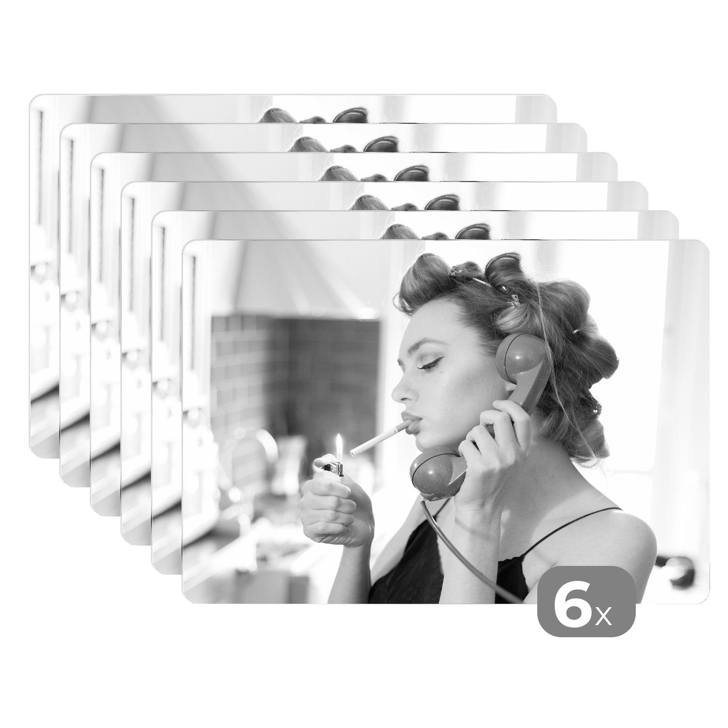 Platzset, Vintage - Frau - Rauchen - Telefon - Schwarz und weiß, MuchoWow, (6-St), Platzset, Platzdecken, Platzmatte, Tischmatten, Schmutzabweisend
