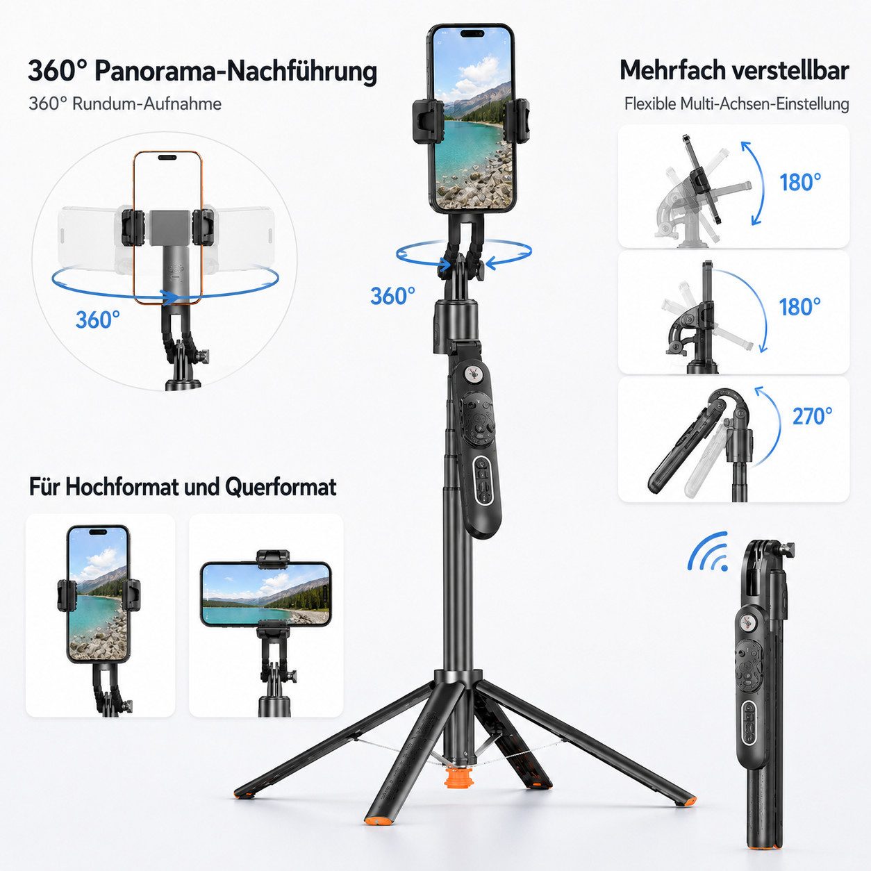 ibettertec Selfie-Stick 360° Gesichtsverfolgung Bluetooth-Fernbedienung 183 cm Teleskopstativ, integrierter Nachführfunktion Vlog/Live-Stream/Videoaufzeichnung