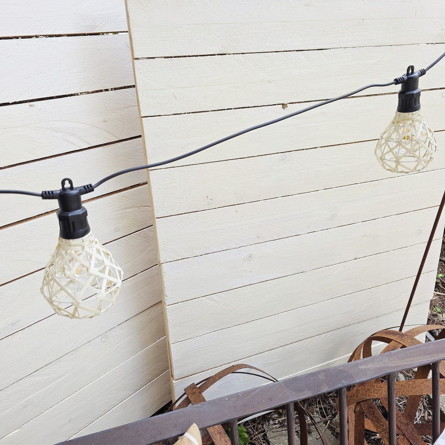 Macosa Home Lichterkette Rattan 6-flammig warmweiß IP44 für Außen & Innen Boho, Lichterkette 5m mit Natur-Lampenschirmen