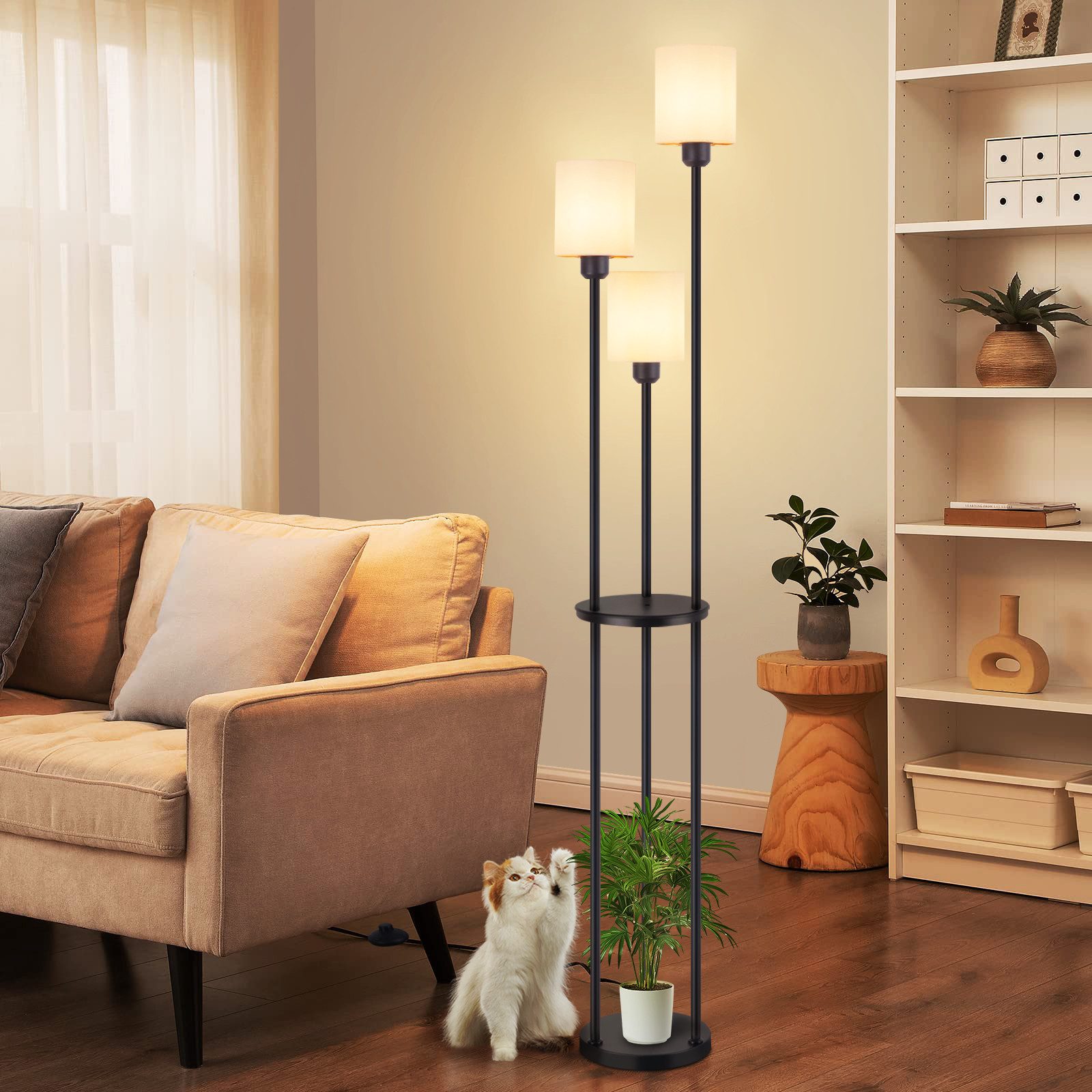 Stehlampe Wohnzimmer Weiß 3 Flammig E27 Stehleuchte mit Regal für Sofa Landhaus