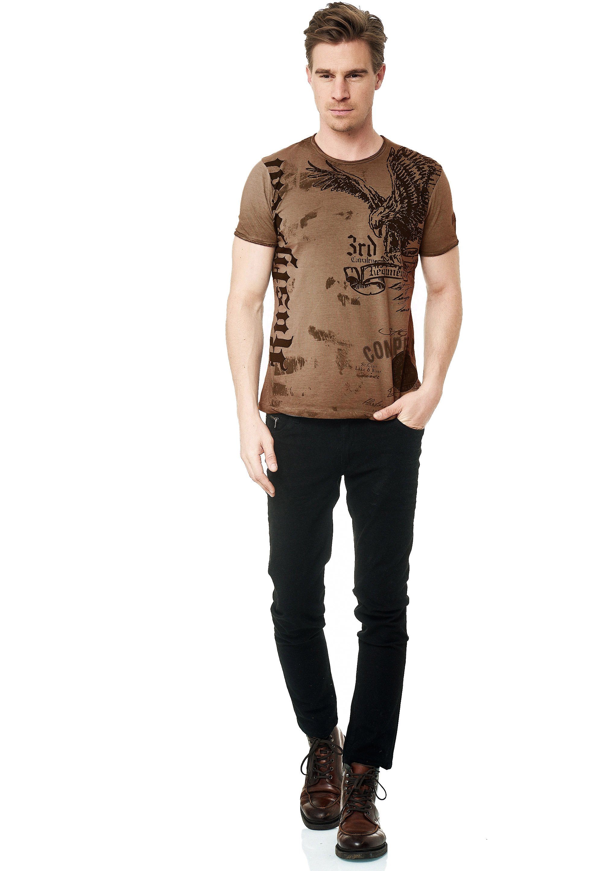 Rusty Neal T-Shirt mit Adler-Print camelfarben