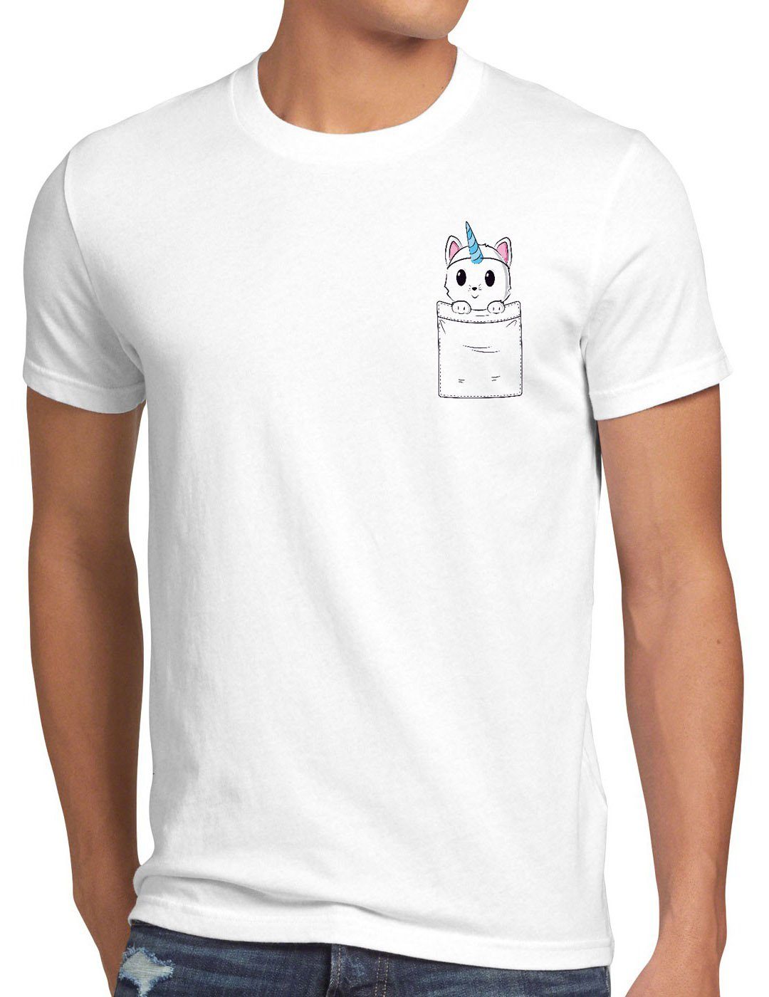 style3 Print-Shirt Herren T-Shirt Unicorn Pocket Cat Einhorn Katze Brusttasche Fun lustig tasche weiß