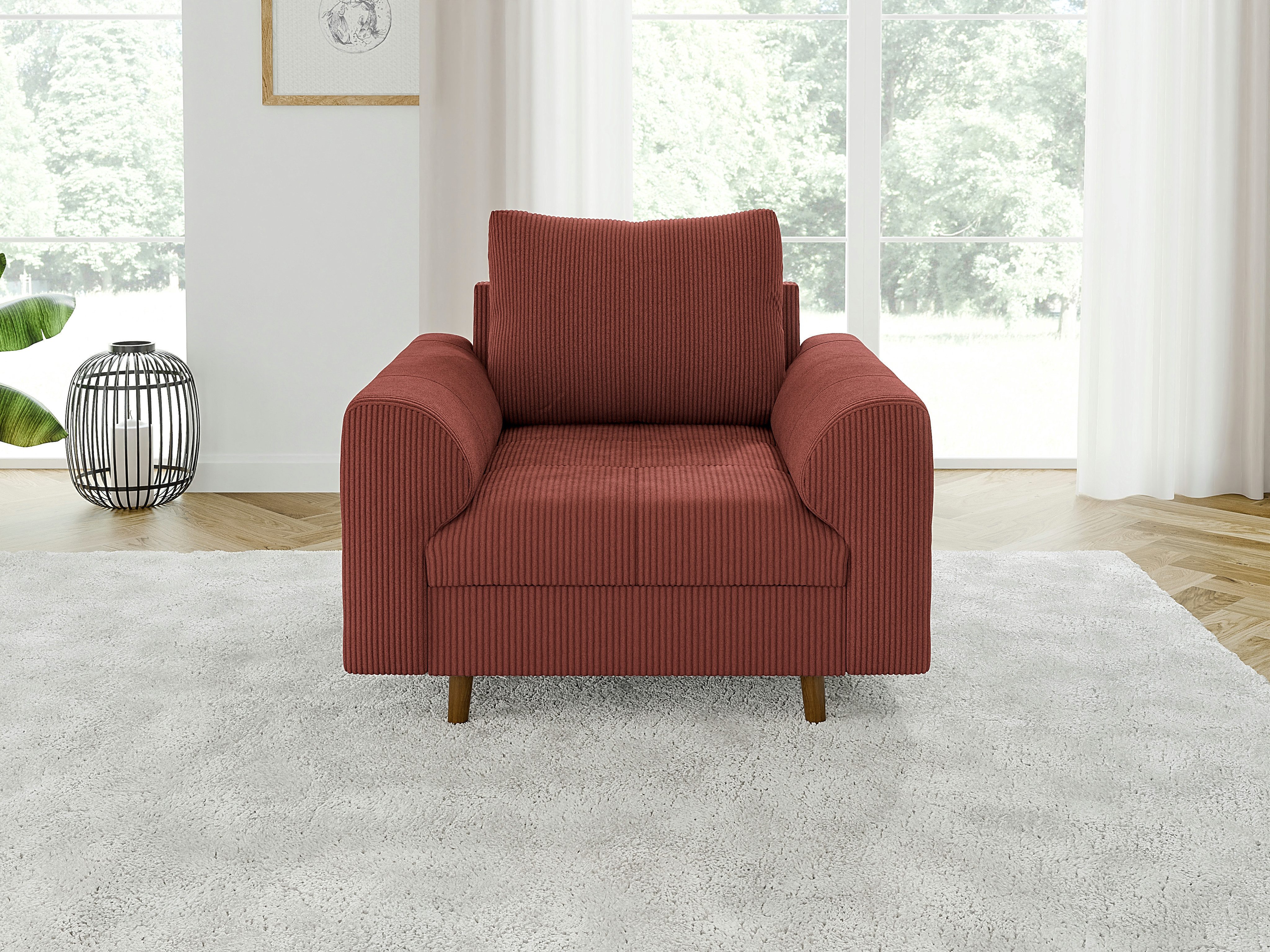 S-Style Möbel Sessel Zara mit Braun Holzfüßen im skandinavischen Stil aus Cord-Stoff, mit Wellenfederung