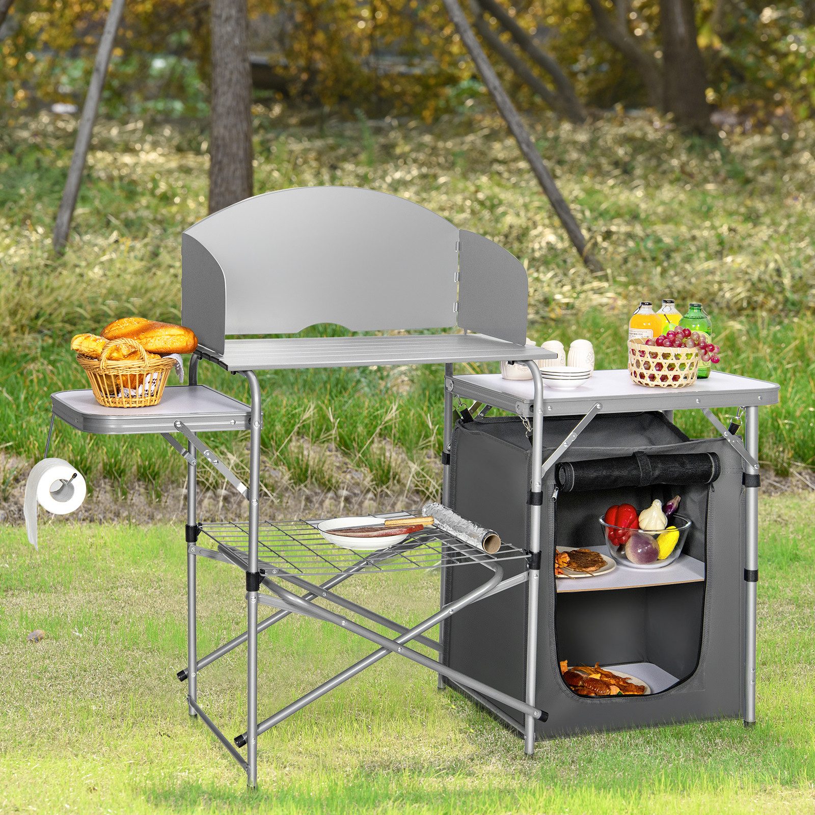 COSTWAY Campingschrank faltbar, Campingküche mit Windschutz