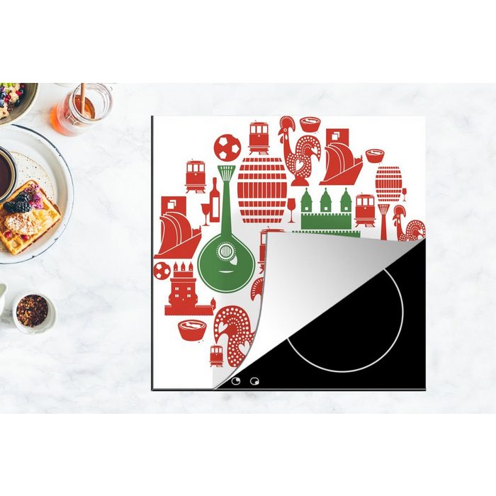 MuchoWow Herdblende-/Abdeckplatte Illustration von Symbolen aus Portugal in einem Kreis Vinyl (1 tlg) Ceranfeldabdeckung Arbeitsplatte für küche JN11738