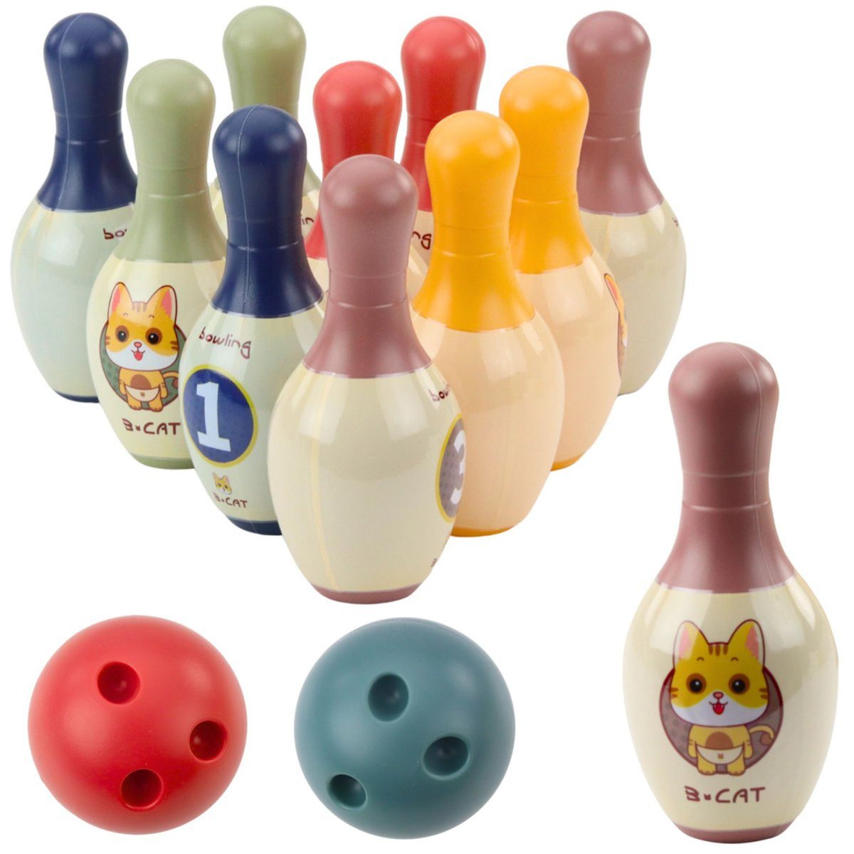 Wisam Lernspielzeug Bowling-Set mit Katzen für Kinder 10 Bowling-Pins 2 farbige Kugeln