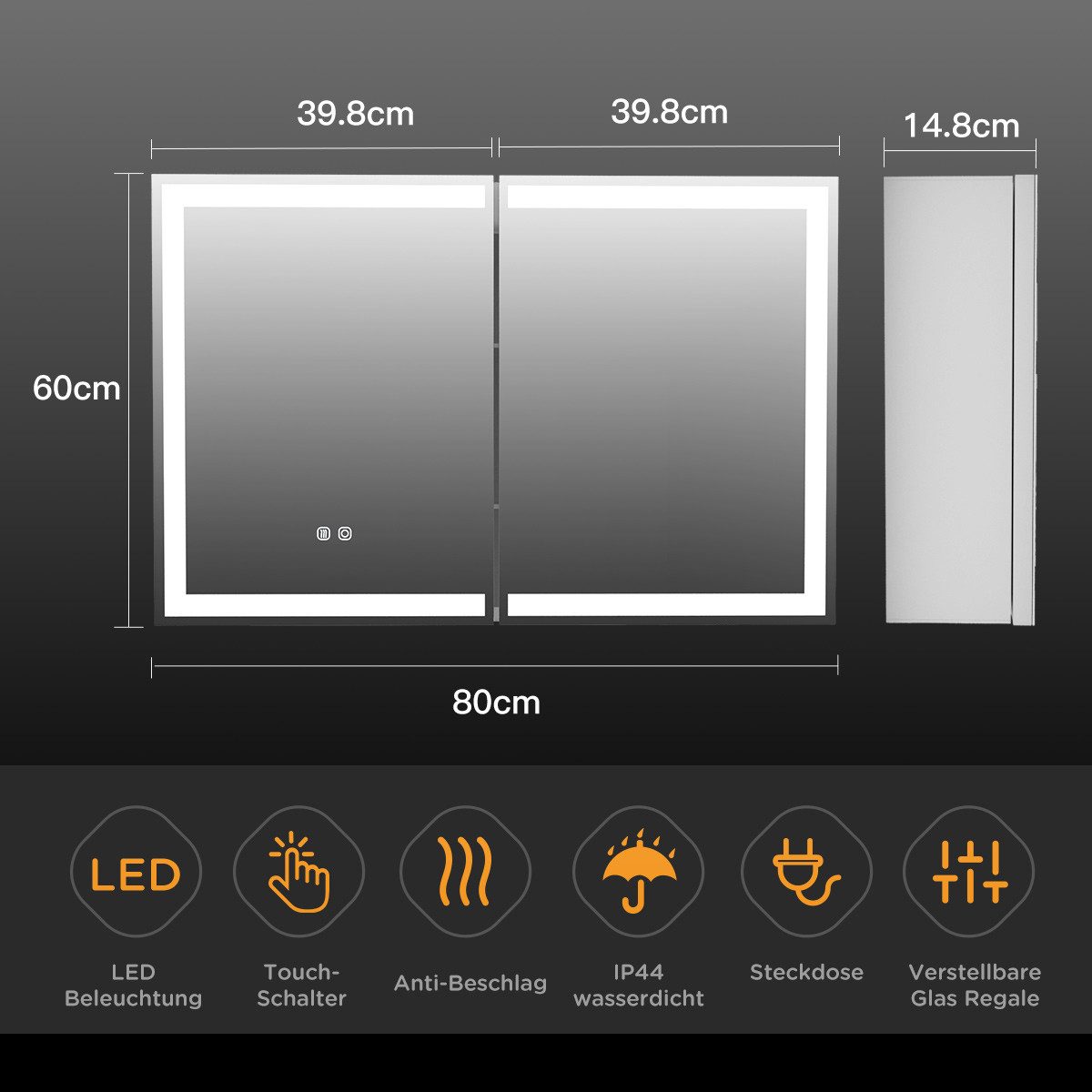 Gunuss Badezimmerspiegelschrank Hängeschrank mit LED Beleuchtung 80 Lx 60 H günstig online kaufen