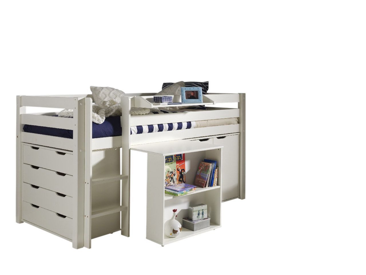 Natur24 Bett Spielbett Pino mit Hängeregal, Schreibtisch, Schubladekommode Kommode