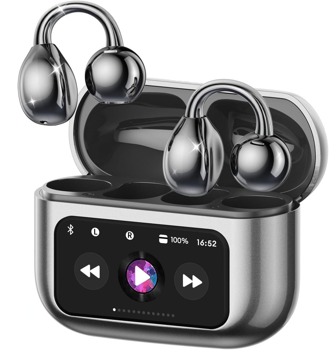 Futicare Bluetooth 5.4 Clip-On Kopfhörer mit LCD-Touchcase, Open-Ear-Kopfhörer (leichte Ohrclip-Kopfhörer, mit 14,2-mm-Treiber, ENC & 60 Std. Laufzeit)