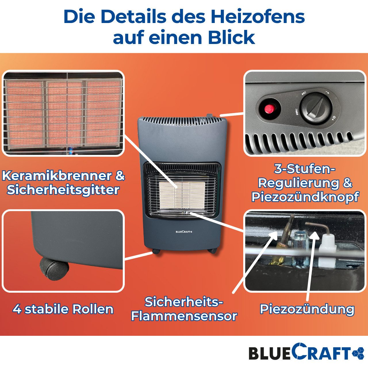 BlueCraft Heizstrahler PREMIUM Gasheizung Gasofen 4200 W Campingheizung Gas-Heizstrahler, 4200 W, 3-Stufen-Regulierung, Kompakt, Mobil, Mit Gasdruckregler + Schlauch