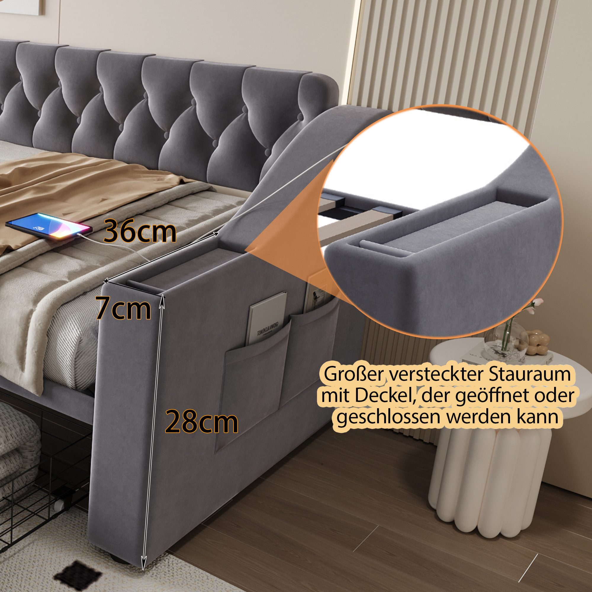 Odikalo Schlafsofa Schlafcouch 90x190 mit Lattenrost & USB Ohne Matratze, Polsterbett Schlafsofa, 90/180*190 cm, Breitere und Dickere Armlehnen mit USB-Ladeansc – Bild 5 von 5