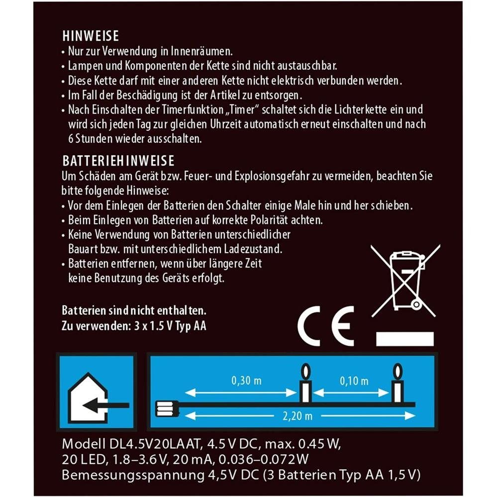 Idena LED-Lichterkette 20er, Micro-LED, warmweiß, 2,2 m, für innen, batteriebetrieben, Timer