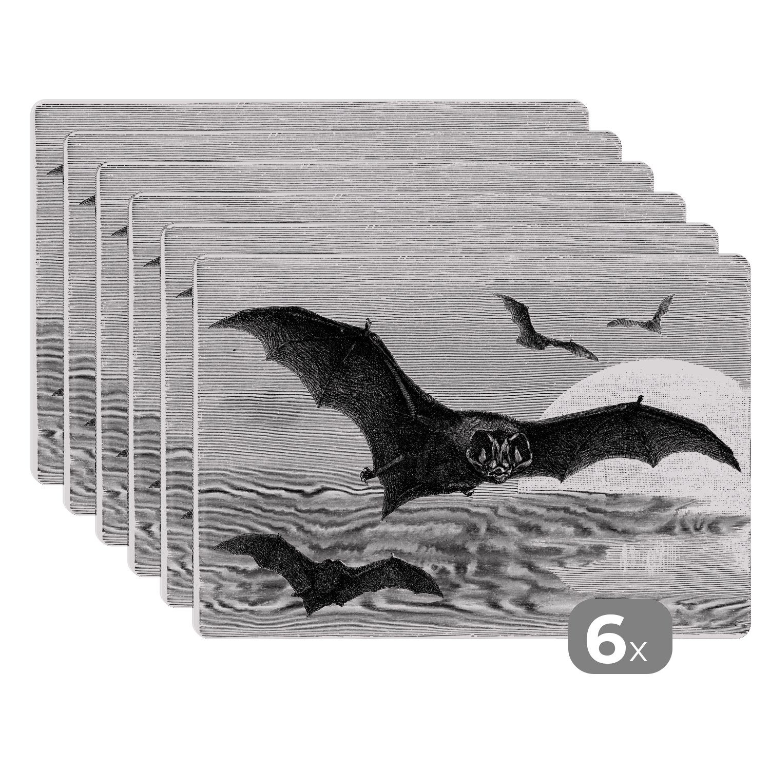 Platzset, Illustration von vier Fledermäusen in der Luft in schwarz und weiß, MuchoWow, (6-St), Platzset, Platzdecken, Platzmatte, Tischmatten, Schmutzabweisend