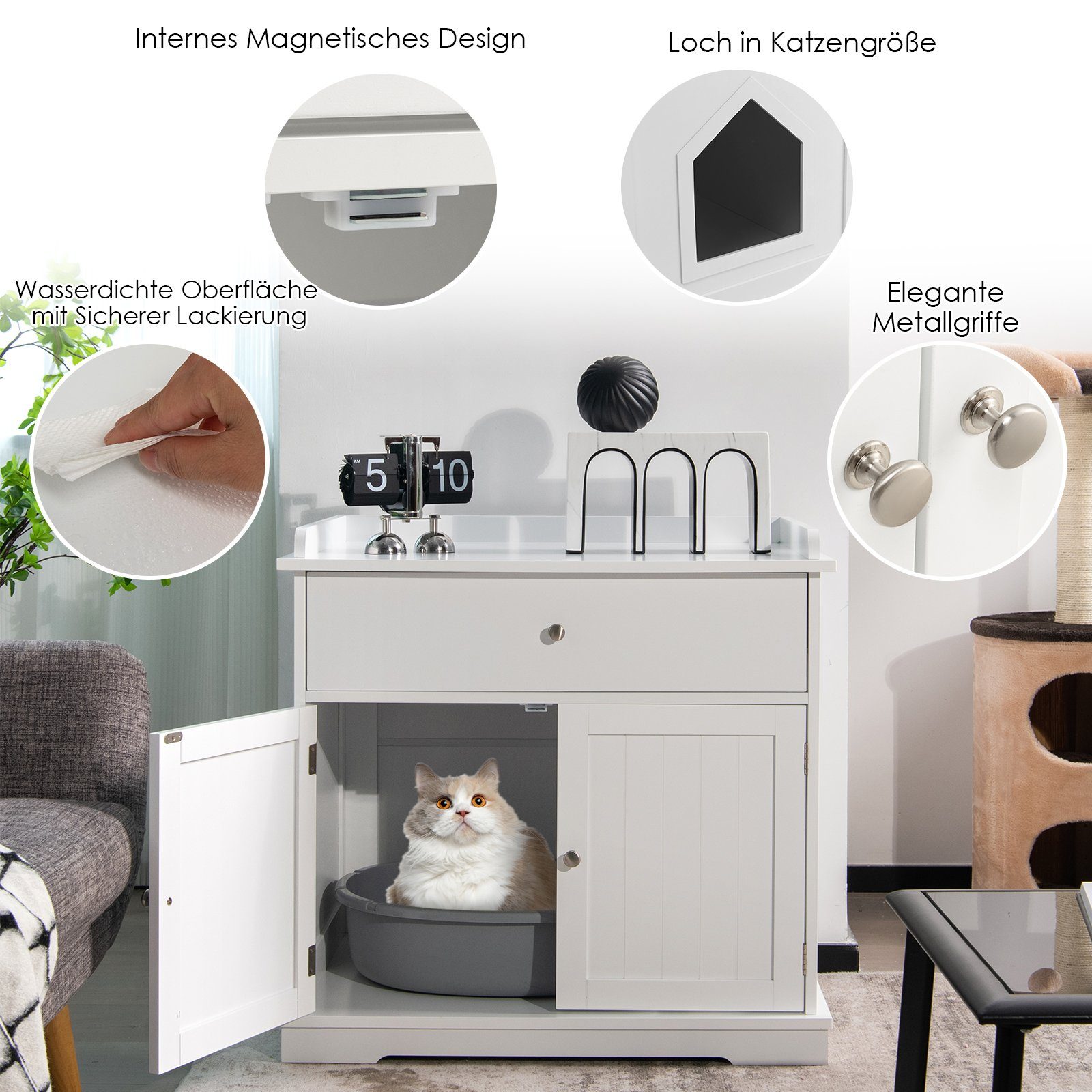 COSTWAY Tierhaus Katzenschrank, Katzenhaus, mit Schublade & Tür & Eingang, 3in1 Beistelltisch