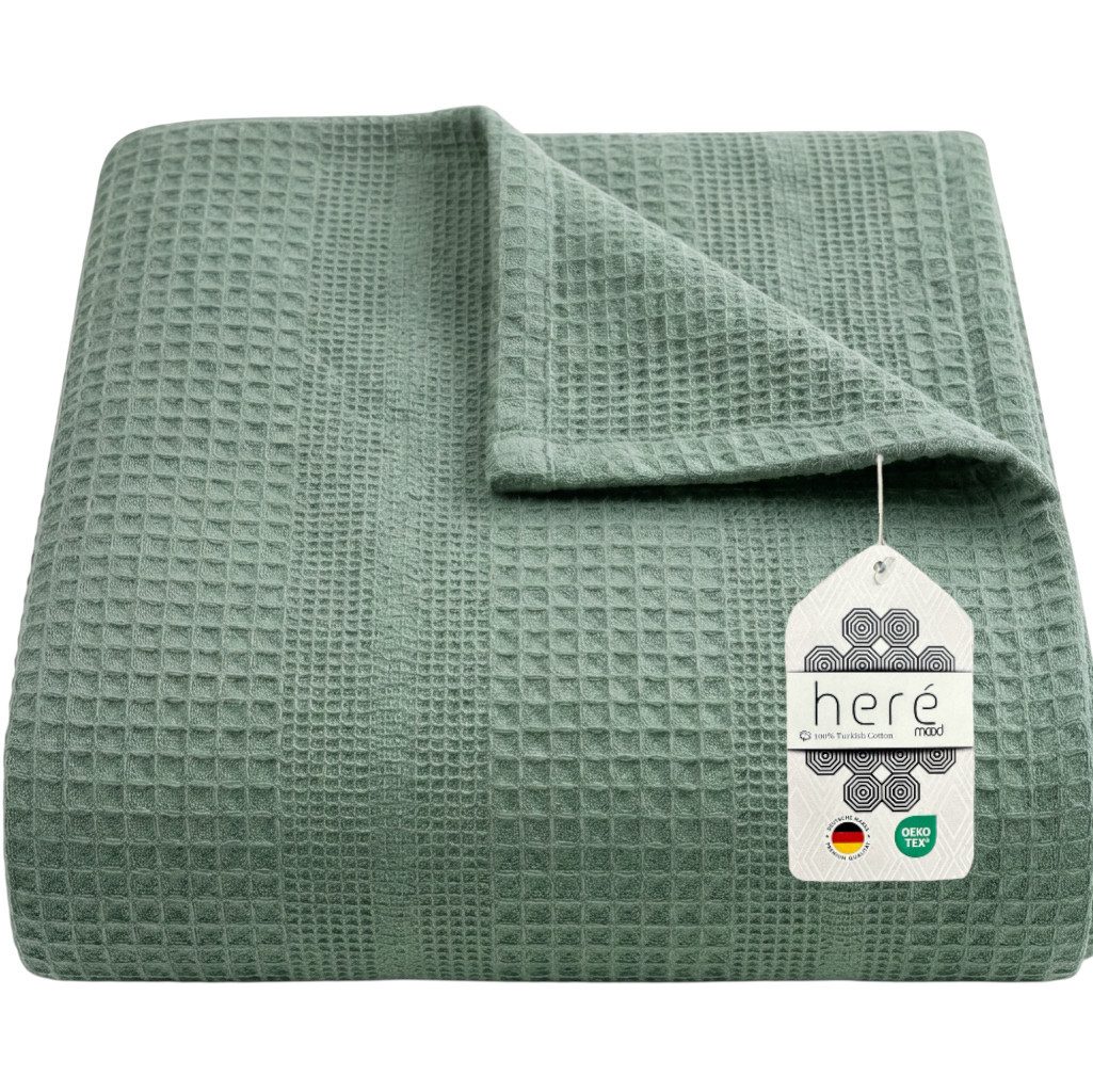herémood Tagesdecke aus 100% Baumwolle – Elegante Waffelpique Wohndecke 180x220 cm, weiche, Kuscheldecke für Sofa & Bett, atmungsaktiv & pflegeleicht – Mintgrün
