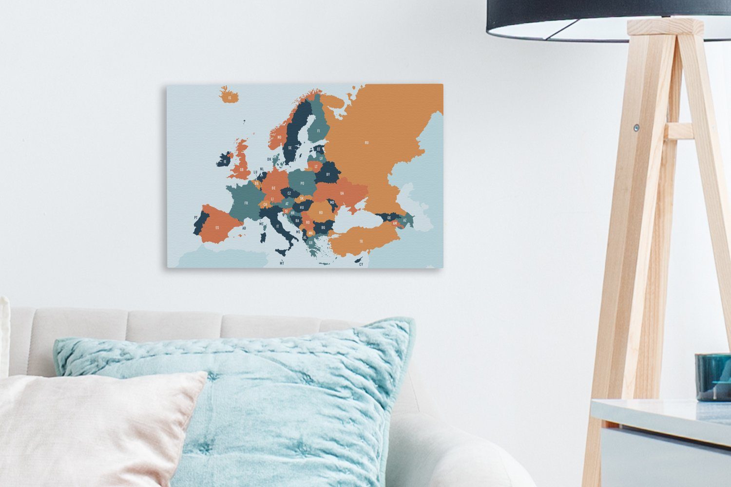 OneMillionCanvasses® Leinwandbild Karte - Europa Leinwandbilder, St), Orange, (1 Aufhängefertig, Wanddeko, 30x20 Wandbild cm 