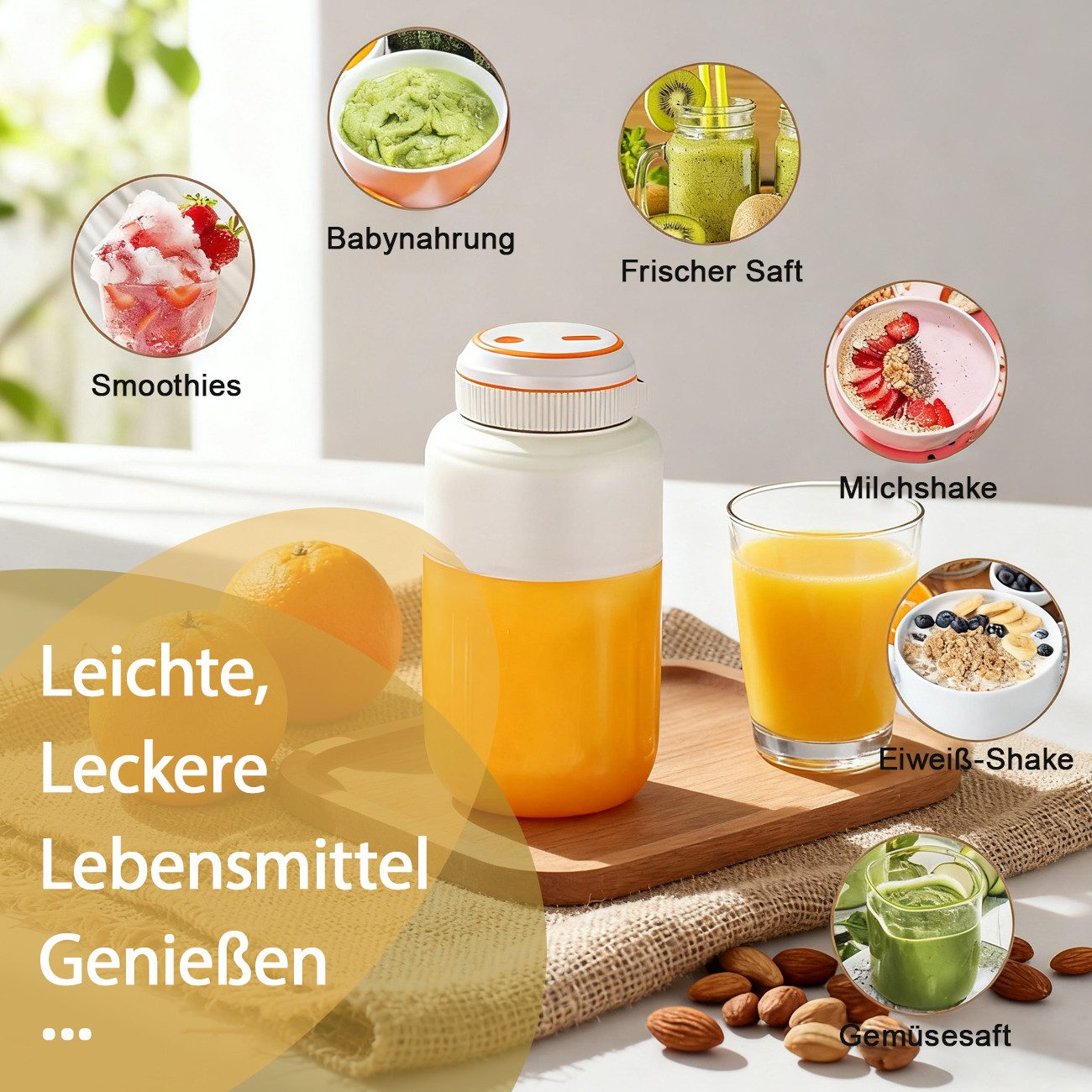 Fine Life Pro Entsafter 800ml Tragbare Smoothie-Maker, Mini-Saftpresse mit Edelstahlmesser, 80W, 1300*2mAh Akku – Frischer Saft überall – Bild 3 von 5