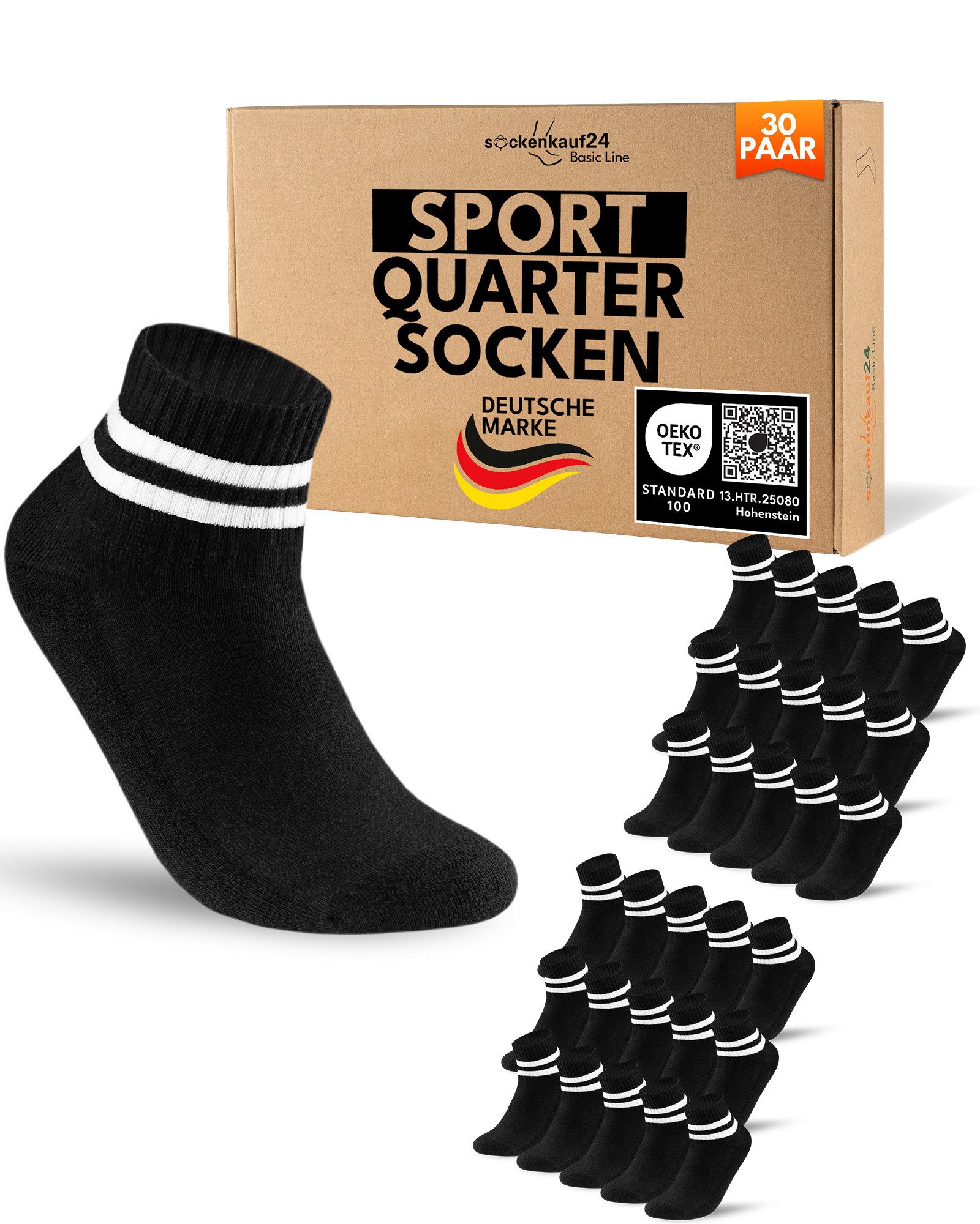 sockenkauf24 Sportsocken 10 Paar kurze Tennissocken Quarter Sportsocken Herren Damen Baumwolle (30-Paar) verstärkte Ferse & Fußspitze, gepolsterte Sohle, Atmungsaktiv