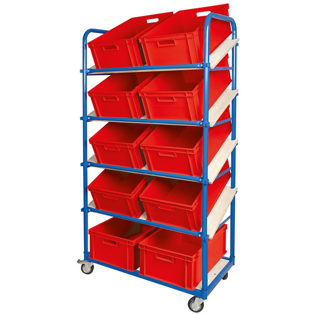 BRB-Lagertechnik Regaltransportwagen Schrägbodenwagen 5 Ebenen, 4 Lenkrollen, 10 Euroboxen 600x400x220 mm