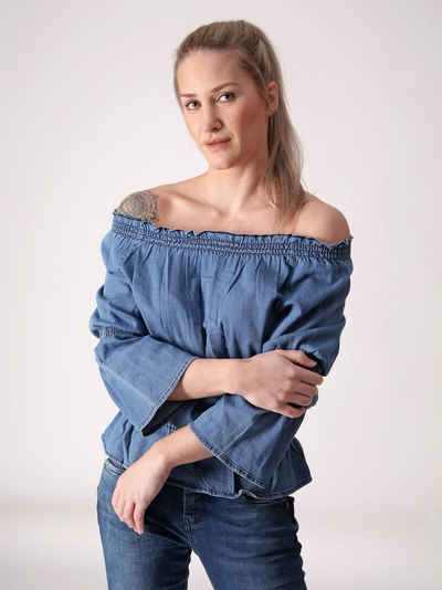 Miracle of Denim Klassische Bluse Jeansbluse BL304 mit Trompetenärmel