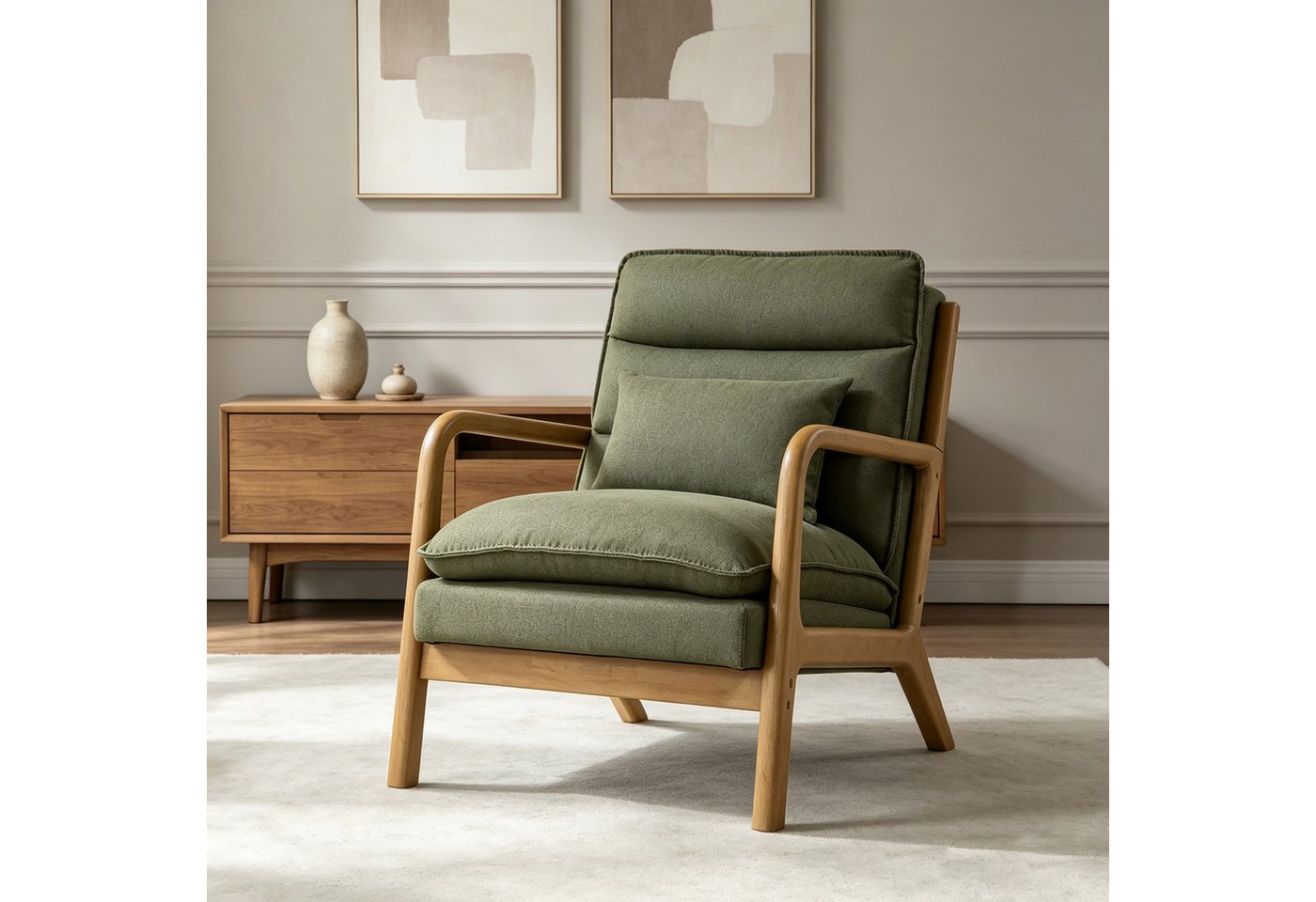 CANMOV Relaxsessel Sessel mit Kissen, Loungesessel mit hoher Rückenlehne, Einzelsessel (1-St), Natürliches Holz, Liegestuhl mit Armlehne und Kissen, für Wohnzimmer