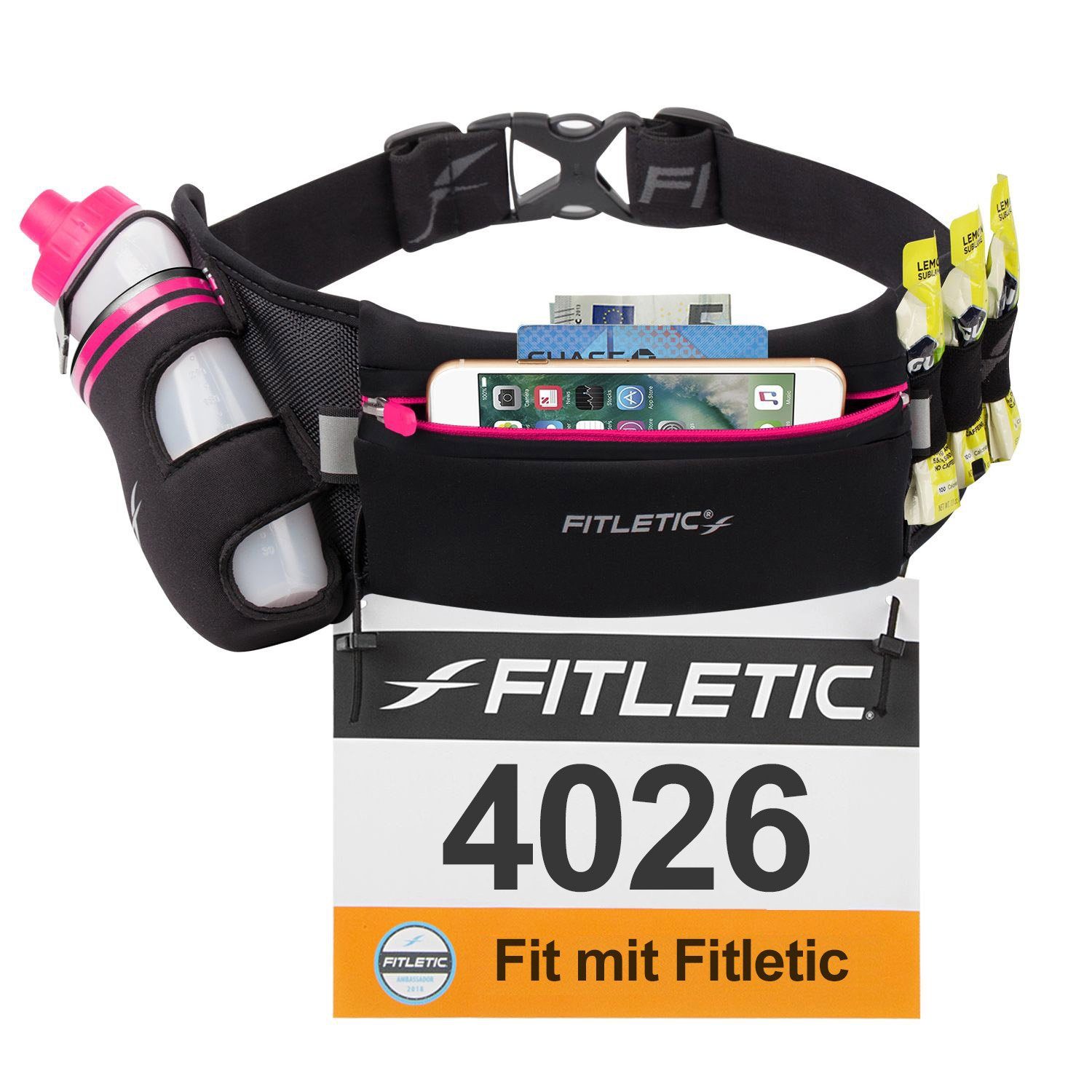 FULLY Trinkgürtel, Hüfttasche Schwarz Marathon, - für Laufausrüstung mit Trinkflasche Laufgürtel LOADED Belt Trinkflaschengürtel, Jogging, Laufen, Fitletic /Pink Walking, Premium Lauftasche, Running