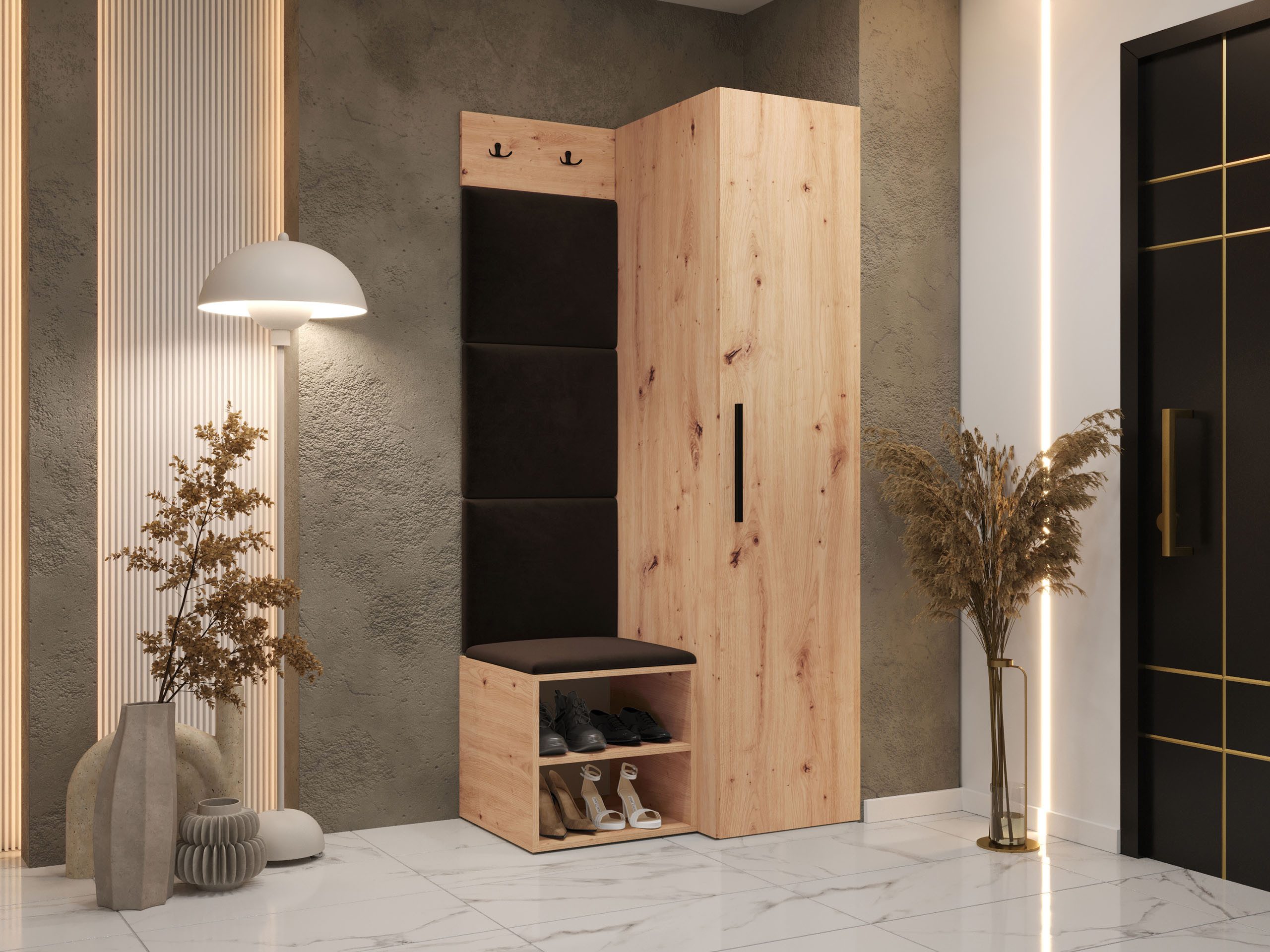 MIRJAN24 Garderoben-Set Medi III, (Drehtürenschrank, Schuhschrank, 4x Paneel 42x42), 2 Kleiderhaken für Kleidung
