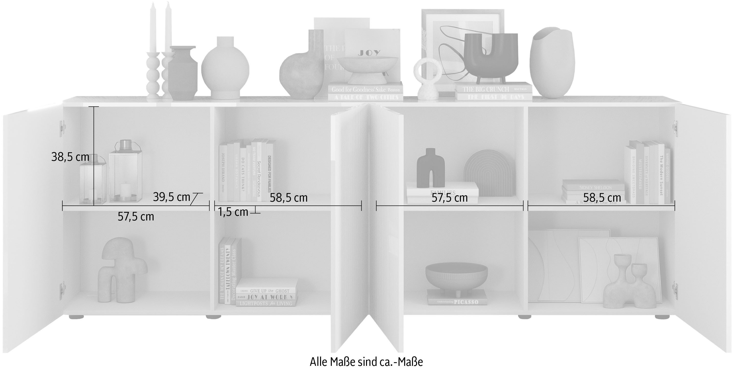Home affaire Sideboard Rio Breite 240 cm, Kommode mit 4 Türen, Anrichte, geriffelte MDF-Fronten, modern u. elegant, viel Stauraum