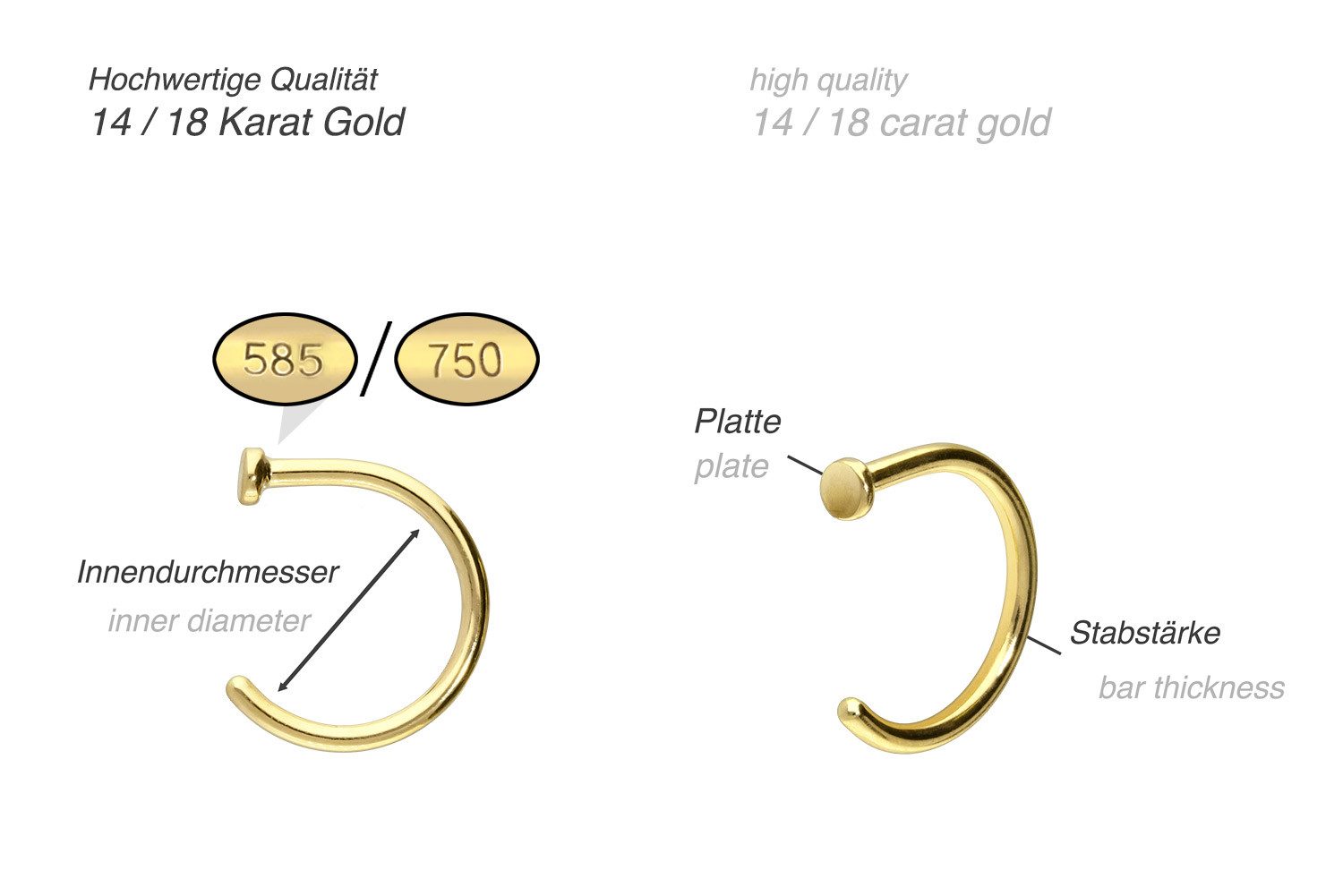 PIERCINGLINE Nasenpiercing 14/18 Karat Gold Nasenring offen PLATTE (Nasenstecker, 1-tlg)
