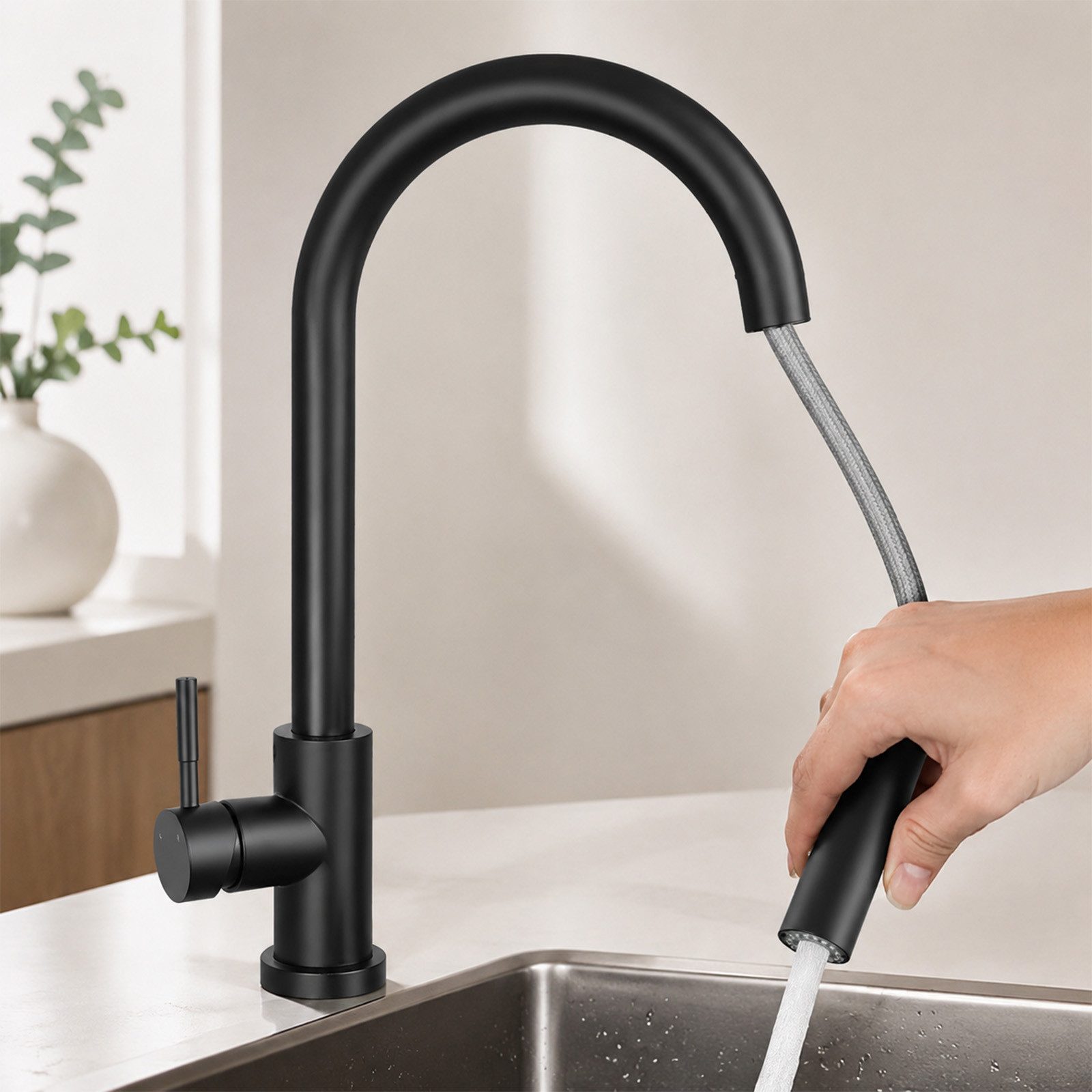 Ledklang Küchenarmatur ausziehbar Schwarz 2-in-1 Wasserhahn Brausekopf Pendelbrause (1-St) Edelstahl-Optik hoher Auslauf 360° schwenkbar für Spüle & Waschbecken