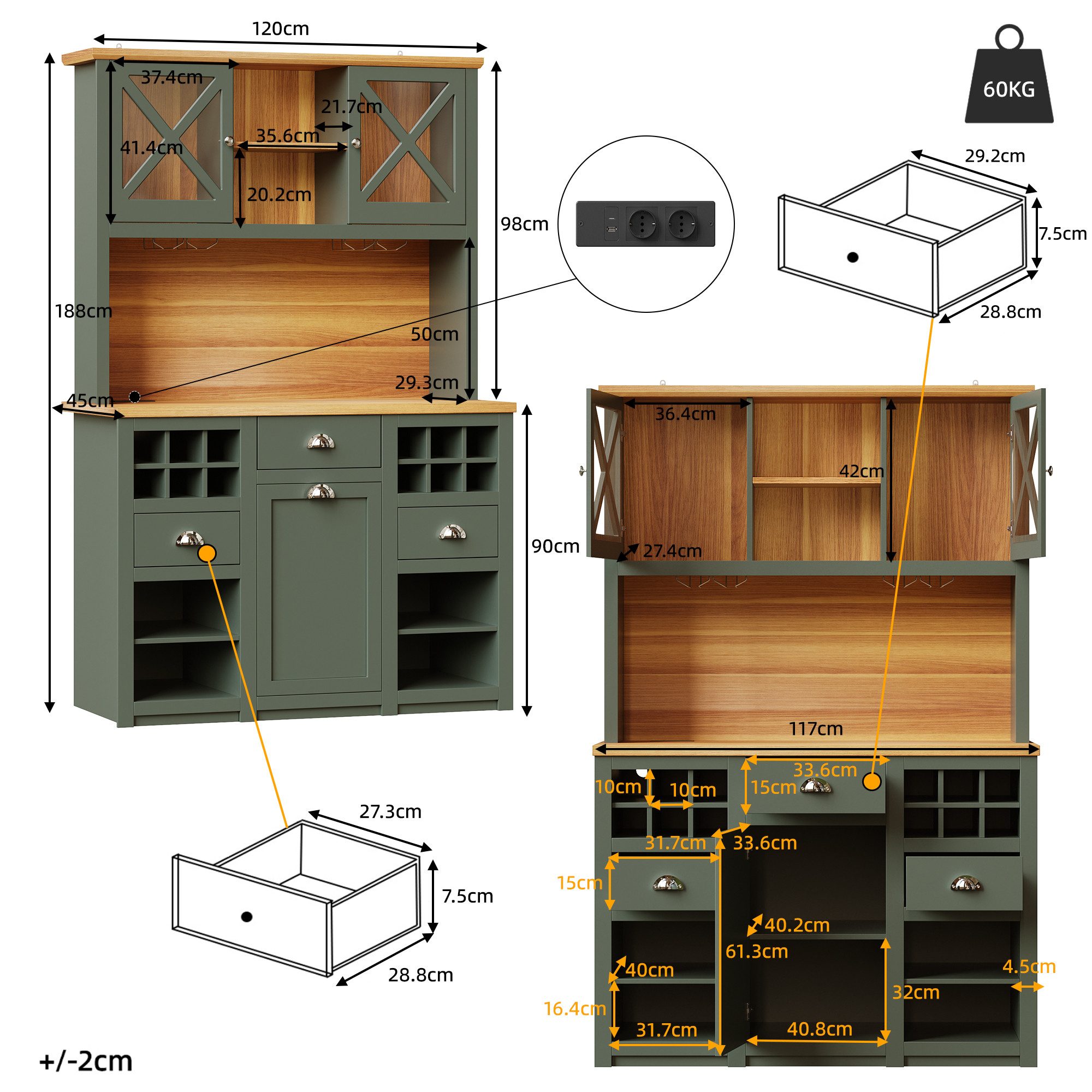 Celya Küchenbuffet mit LED Glastür Weinregal verstellbar(120 x 45 x 188 cm) (Ausgestattet mit 2 Wechselstromsteckdosen und 2 USB-Anschlüssen) Geeignet für Küchen, Restaurants usw.