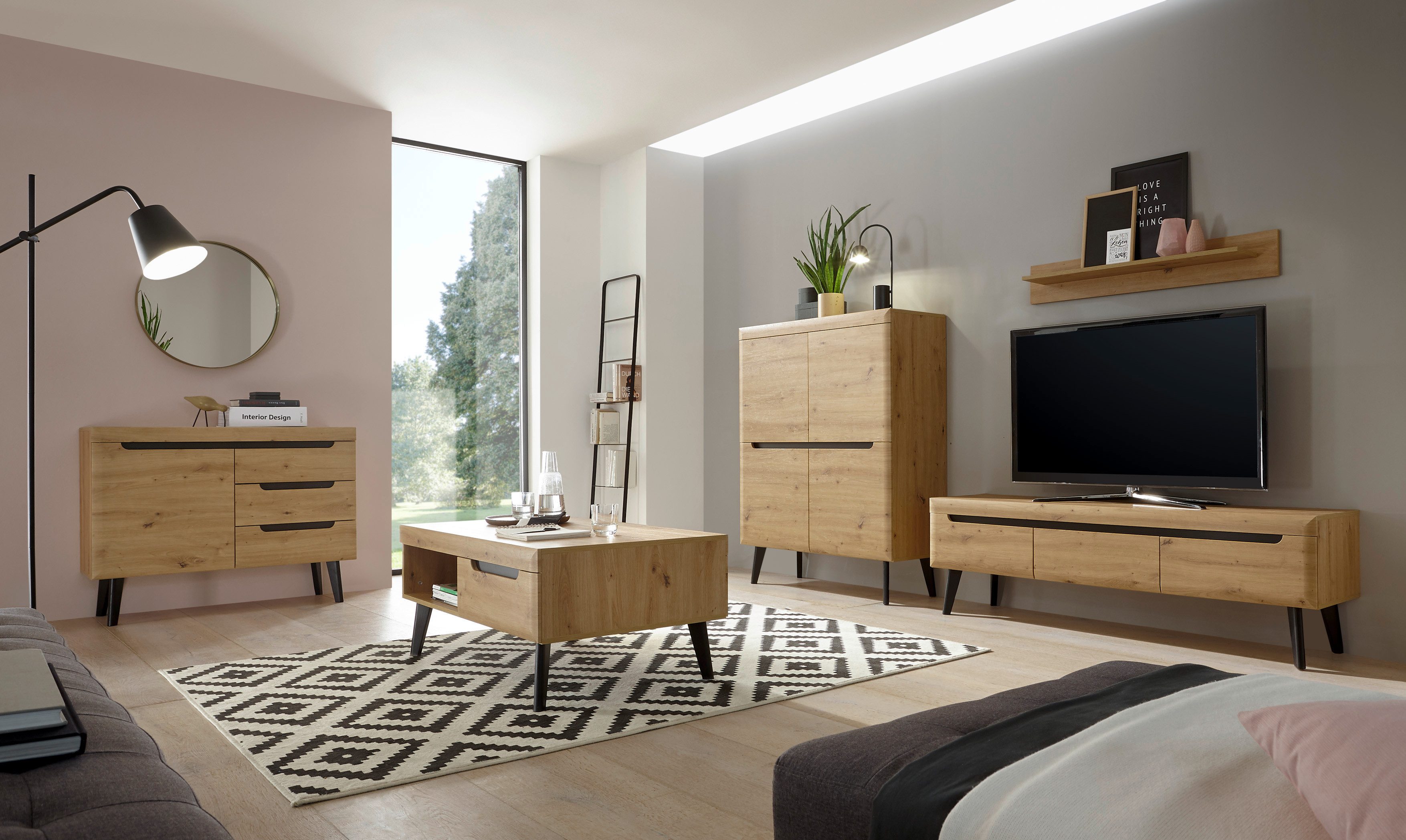 99rooms Wohnwand Tasania, (Set (5-St), Wohnmöbel), bestehend aus Lowboard, Sideboard, Highboard, Wandboard, Couchtisch