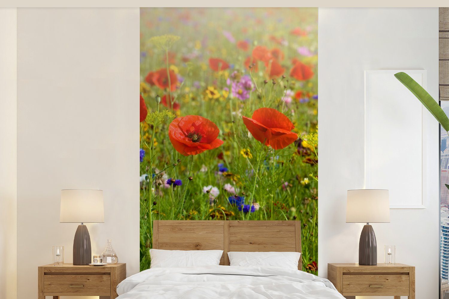 MuchoWow Fototapete Frühling - Blumen - Rot - Mohn - Gras - Grün, Matt, bedruckt, (2 St), Vliestapete für Wohnzimmer Schlafzimmer Küche, Fototapete