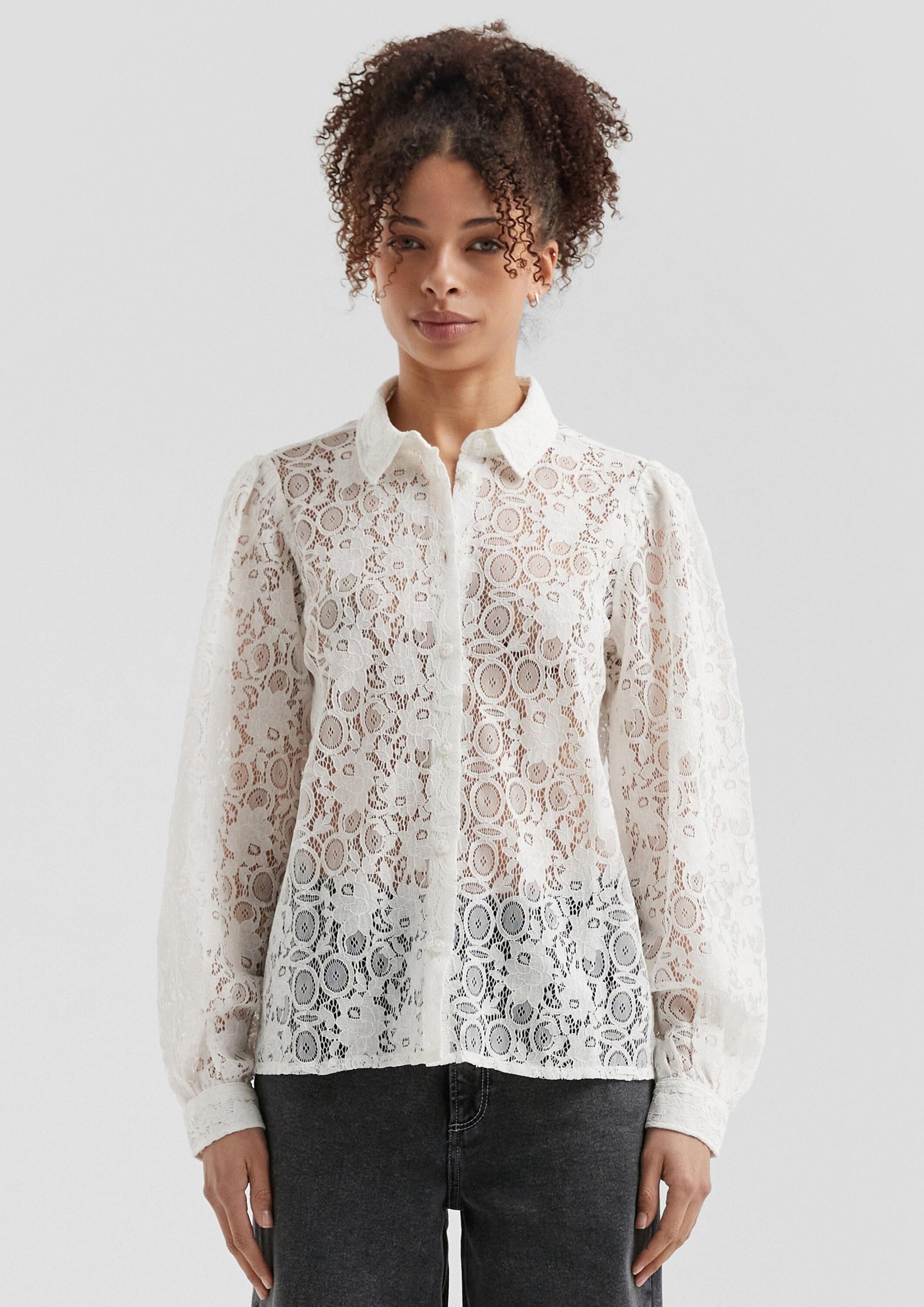 Langarmbluse Bluse Spitzenbluse mit Knopfleiste