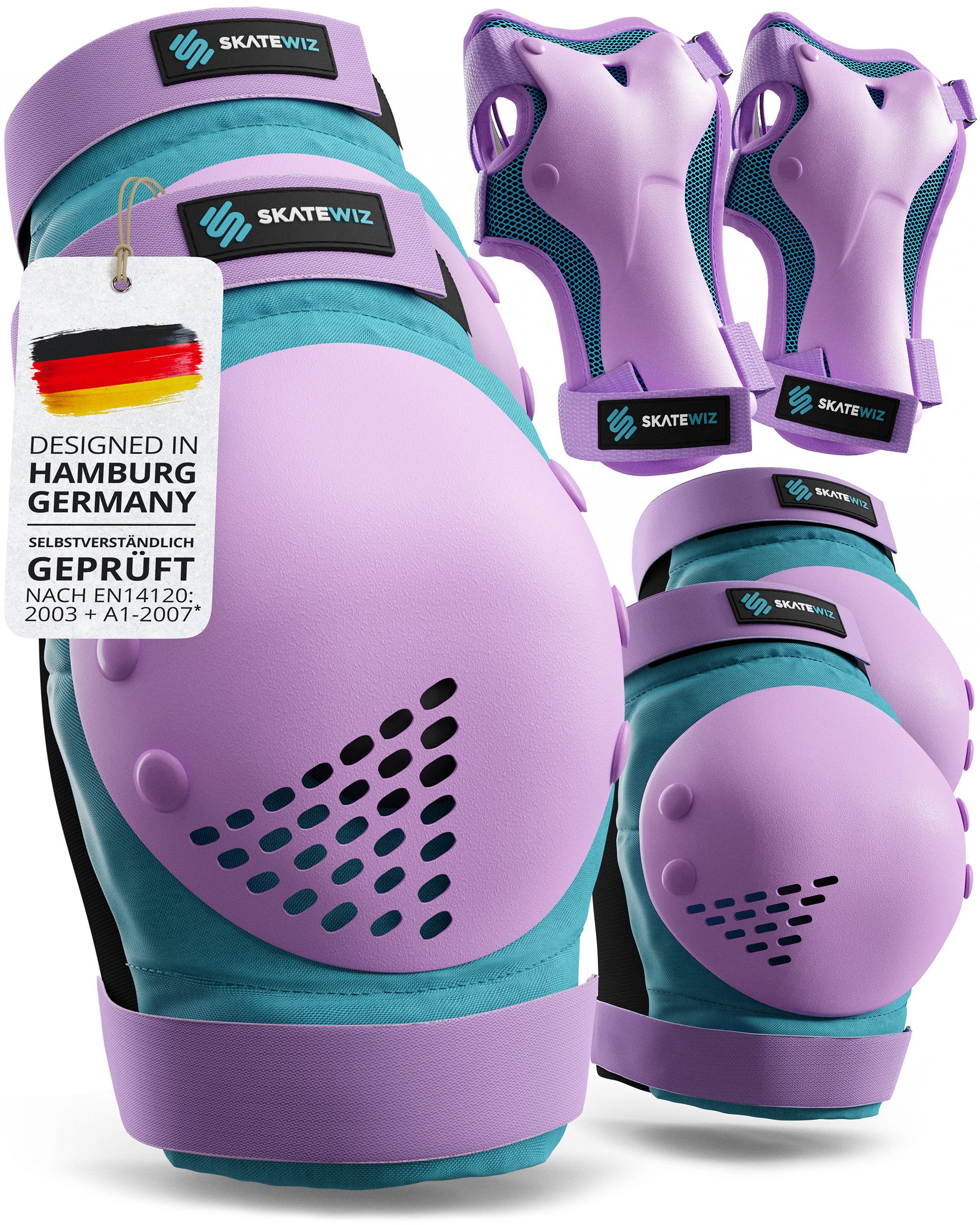 SKATEWIZ Protektoren-Set SMASH Knieschoner Kinder Inliner Schoner Erwachsene Protektoren Set (Schonerset Inliner skates Mädchen Schützer, 6-tlg., Inliner Schoner mit Knie-, Ellenbogen- und Handgelenkschützer), Schützer Inline Skates Kinder Schlittschuhe S