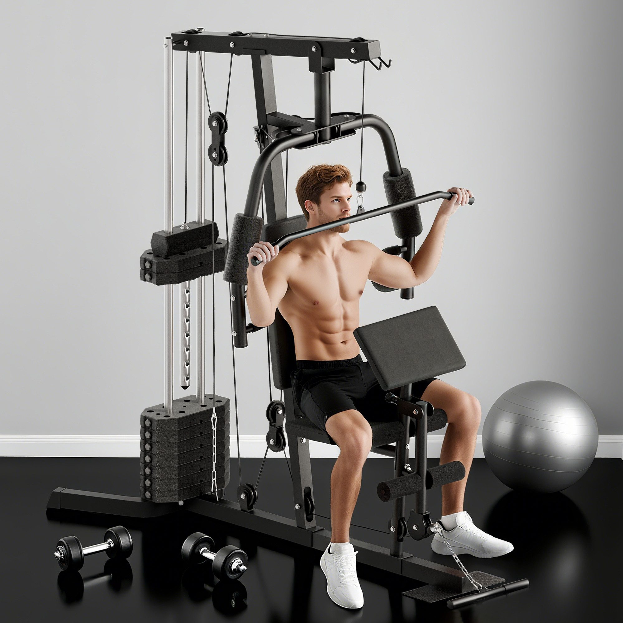 HOMCOM Kraftstation Fitnessstation mit Latzug- und Butterflystange, 9 Gewichtsblöcke (Multistation, 1-tlg., Krafttraining), Schwarz 180cm x 108cm x 200cm