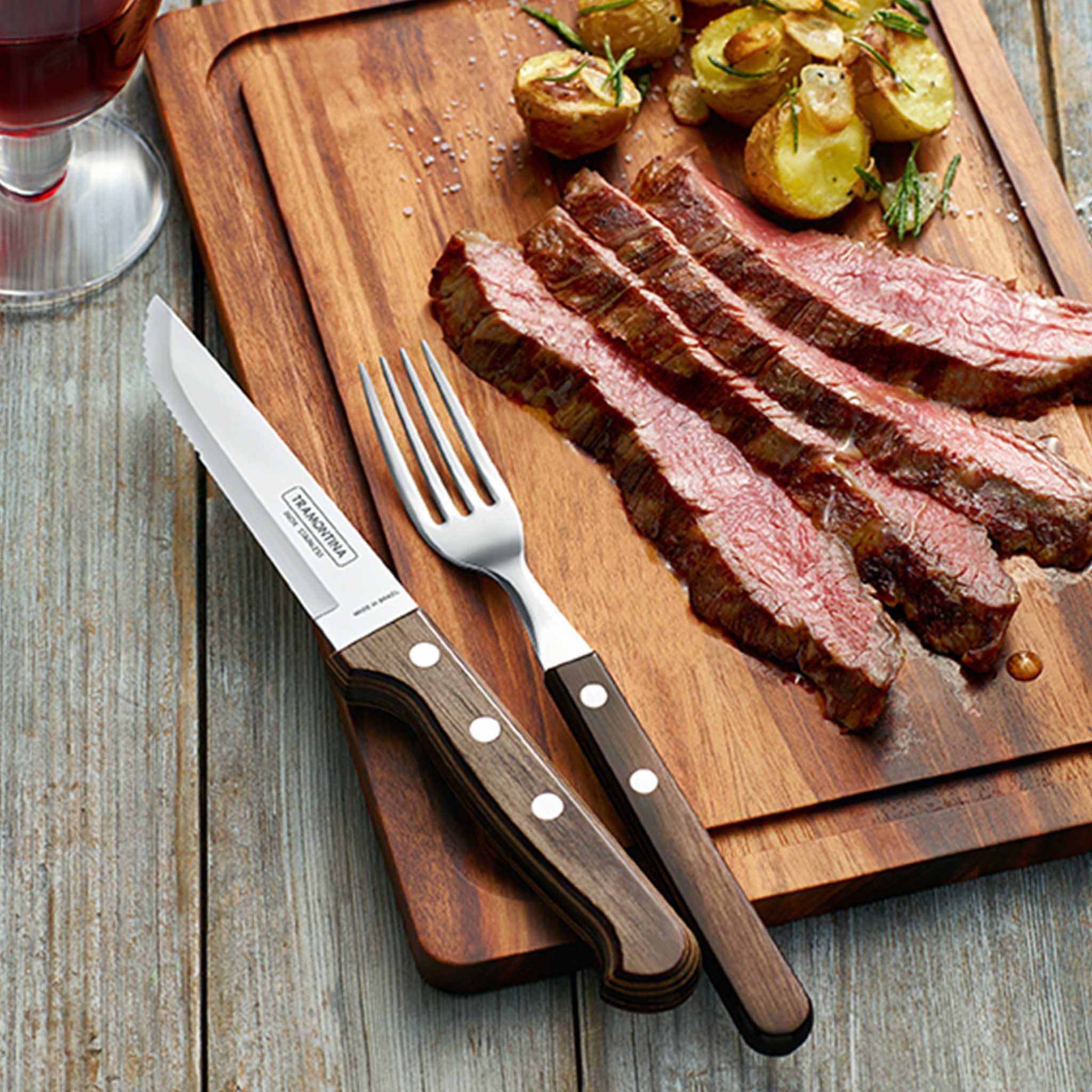 Tramontina Tafelgabel Steakgabel GAUCHO 6er Set – mit Holzgriff (6 Stück), rostfreier Edelstahl, spülmaschinenfest, Holzgriffe FSC-zertifiziert