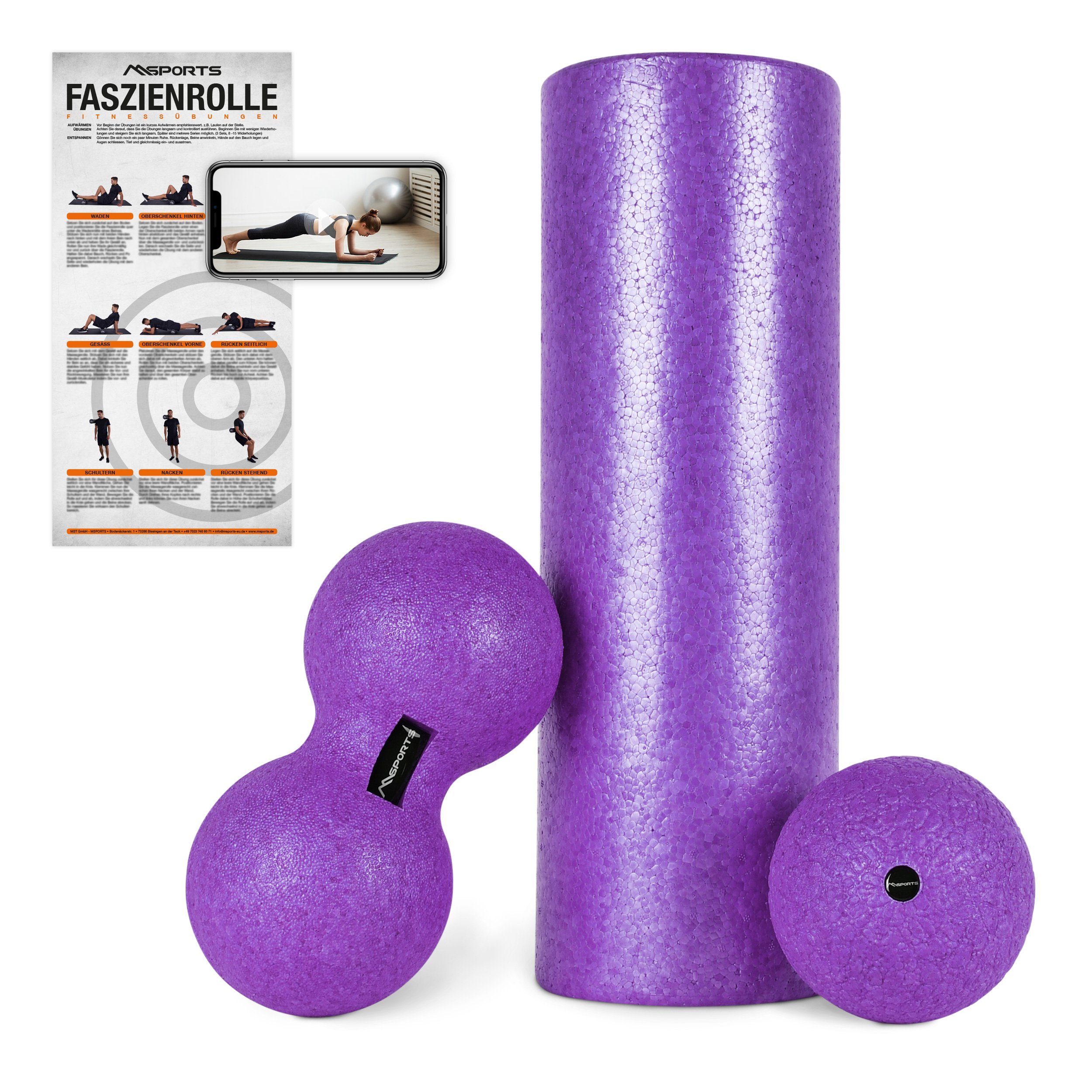 Massageball + MSports® Massagerolle Massagerolle Set Violett 3er - Peanutball + FASZIENSET