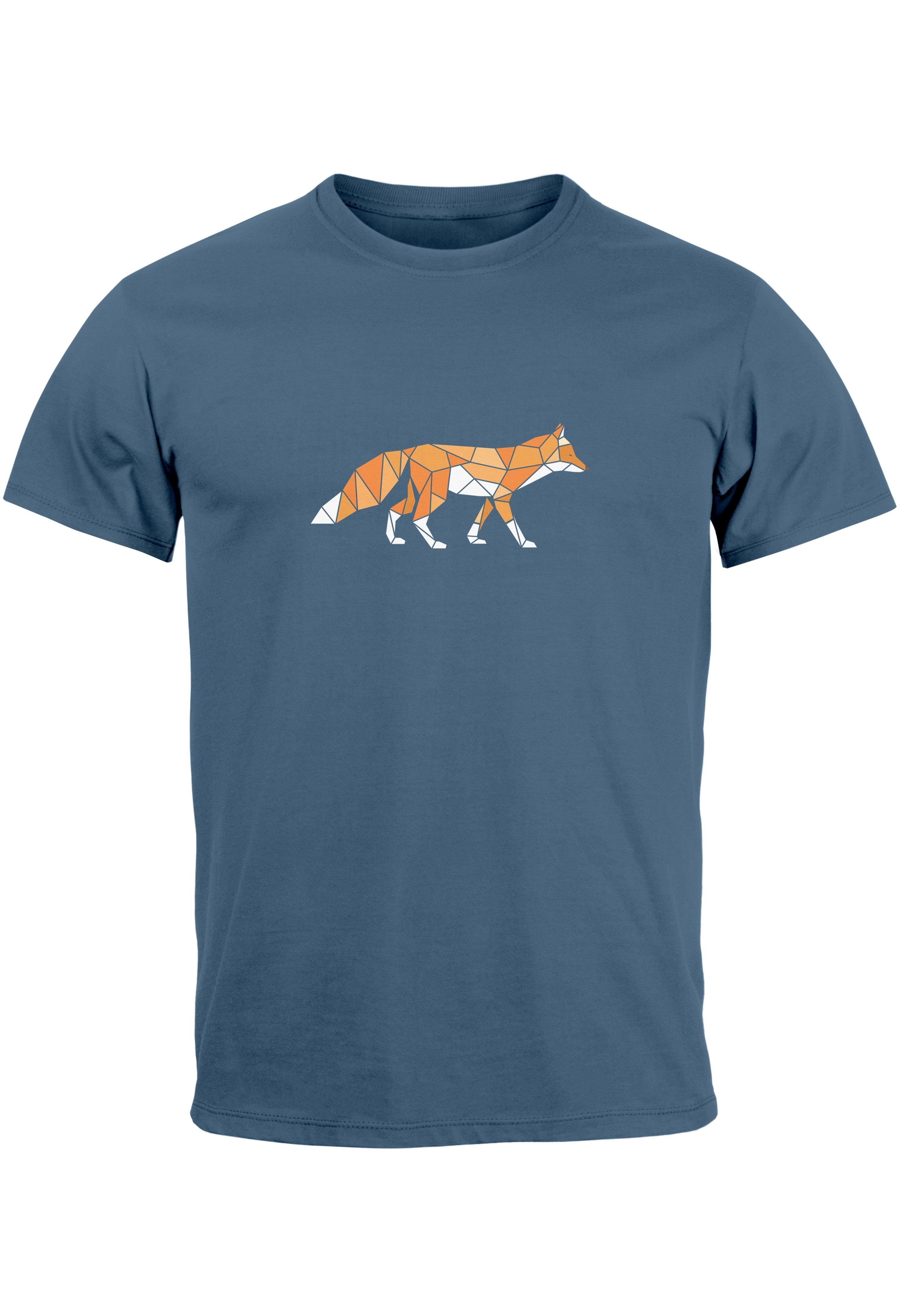 Neverless Print-Shirt Herren T-Shirt Aufdruck Fuchs Polygon Kunstdruck Geometrie Outdoor Log mit Print denim blue