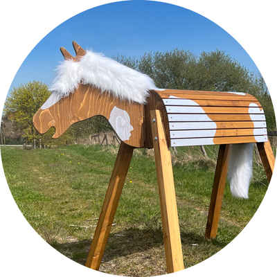 Dein Holzpferd Holzpferd Tobiano, Holzpferd Sitzhöhe 80 - 100 cm, mit Schweif und flauschiger Mähne