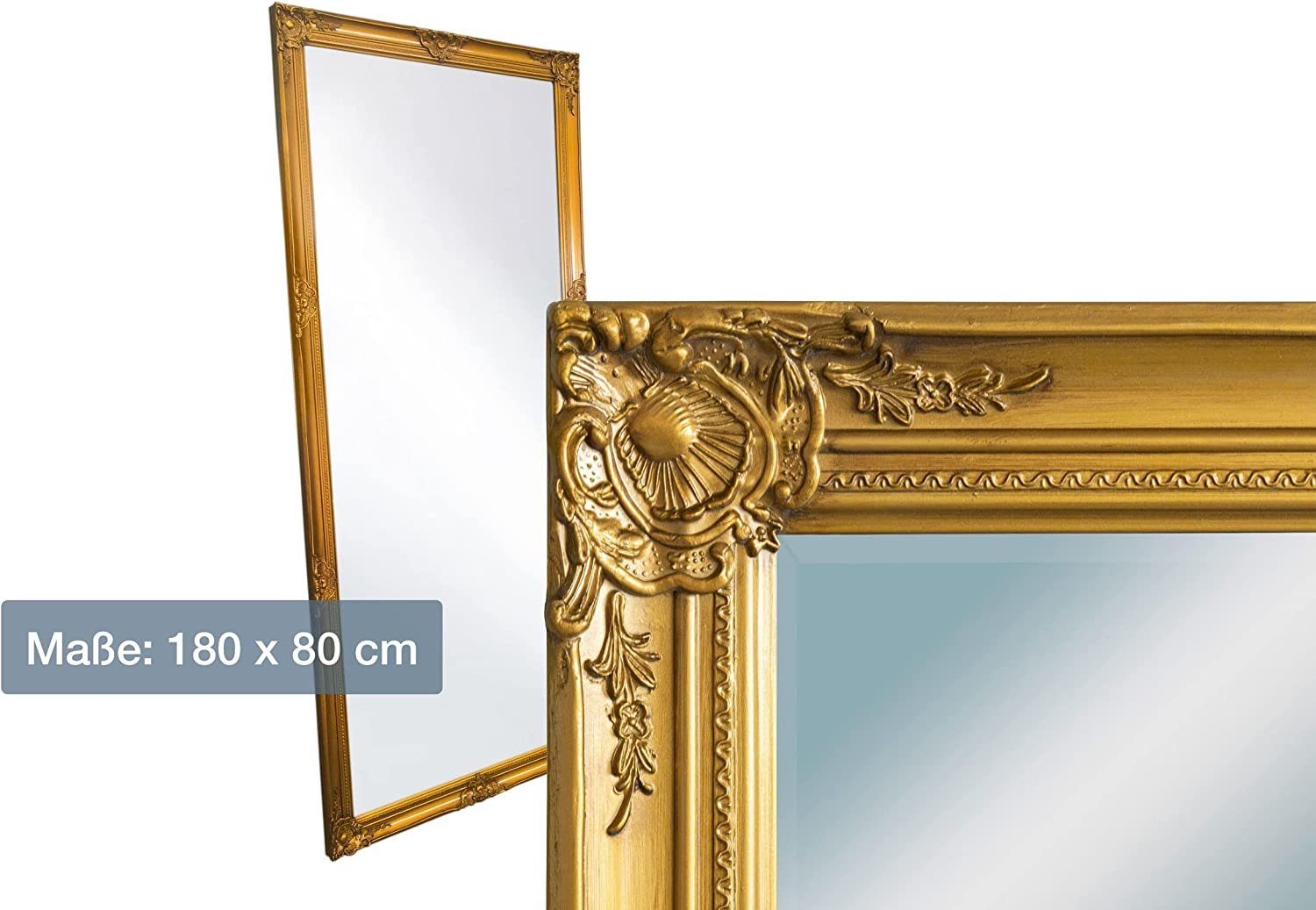 dasmöbelwerk Wandspiegel Wandspiegel Barock Gold 180x80 XL Spiegel Antik-Stil Ganzkörperspiegel, Spiegelfläche mit edlem Facettenschliff