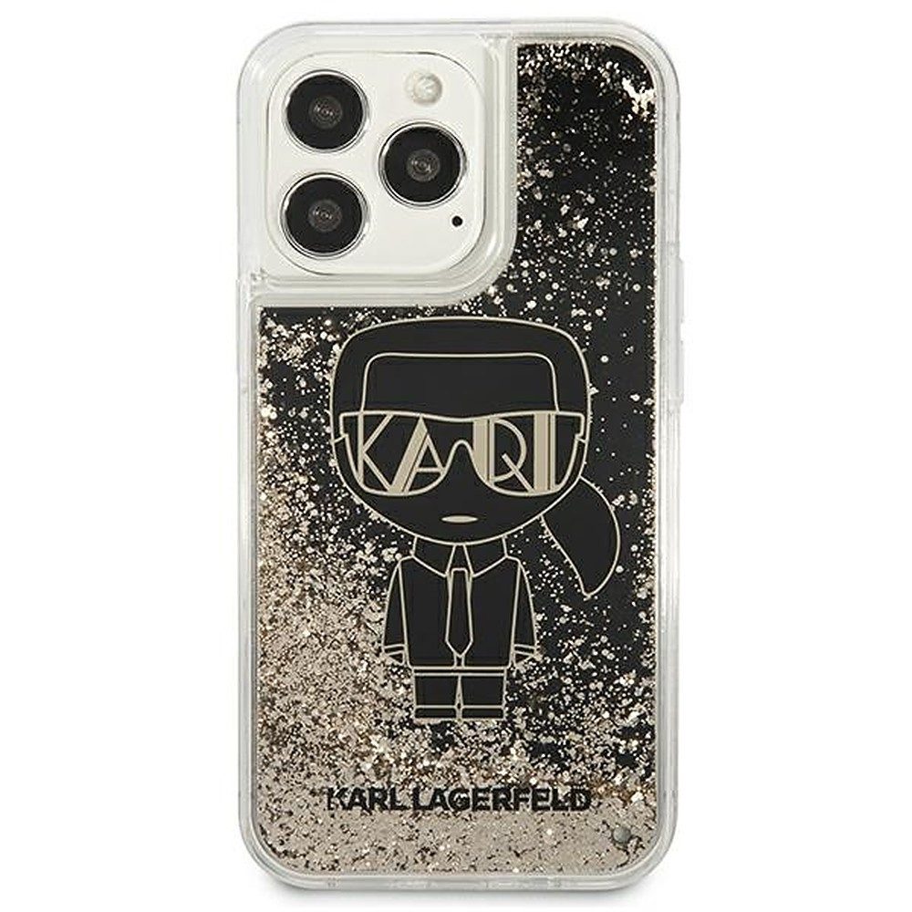 KARL LAGERFELD Handyhülle Schutzhülle Glitzerhülle Rückschale 6,7 Zoll, Flüssiger Goldglitter, Ikonik-Motiv, stoßfestes TPU