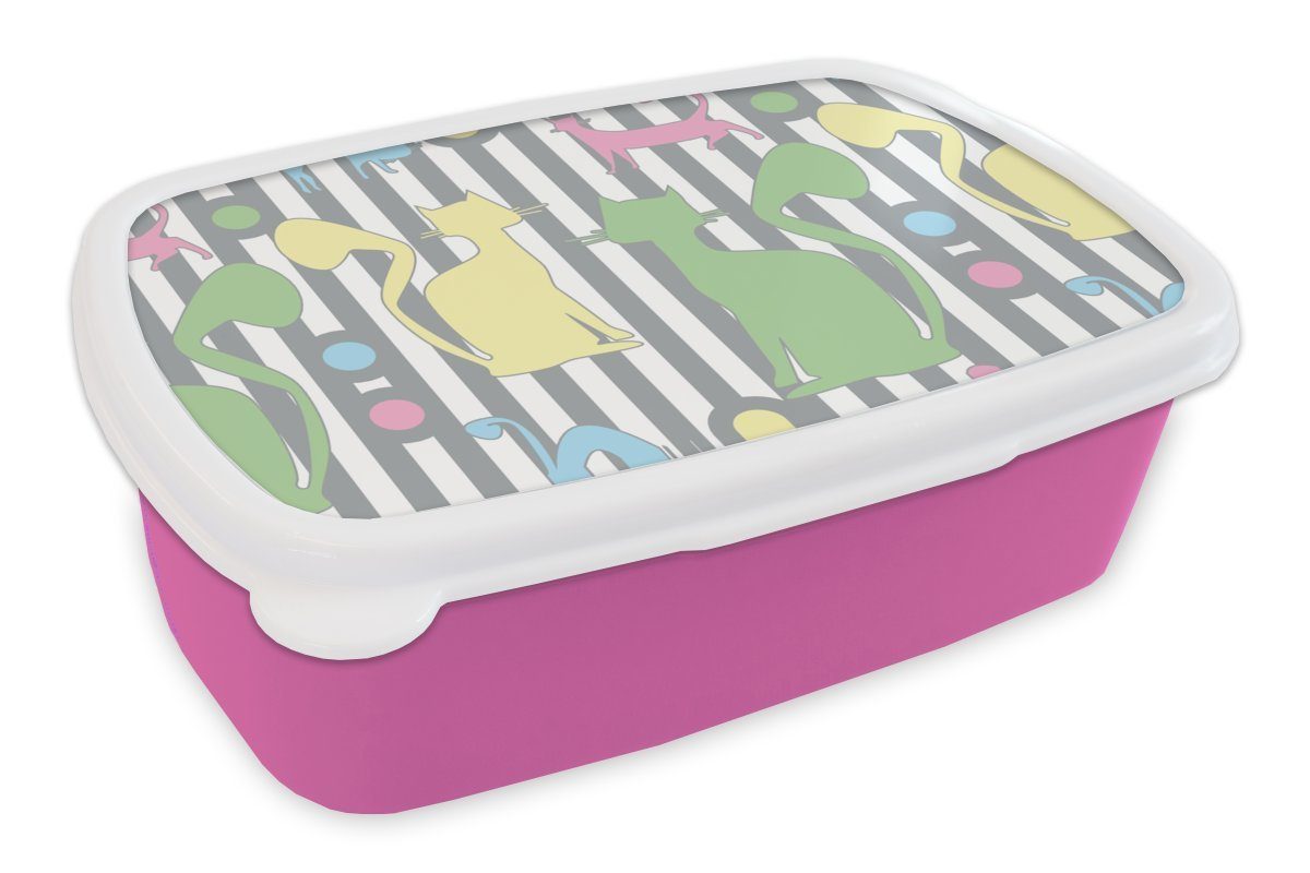 MuchoWow Lunchbox Katzen Brotdose - - Mädchen, Kinder, für Tiere, (2-tlg), Pastell Erwachsene, Kunststoff Kunststoff, Snackbox, rosa Brotbox