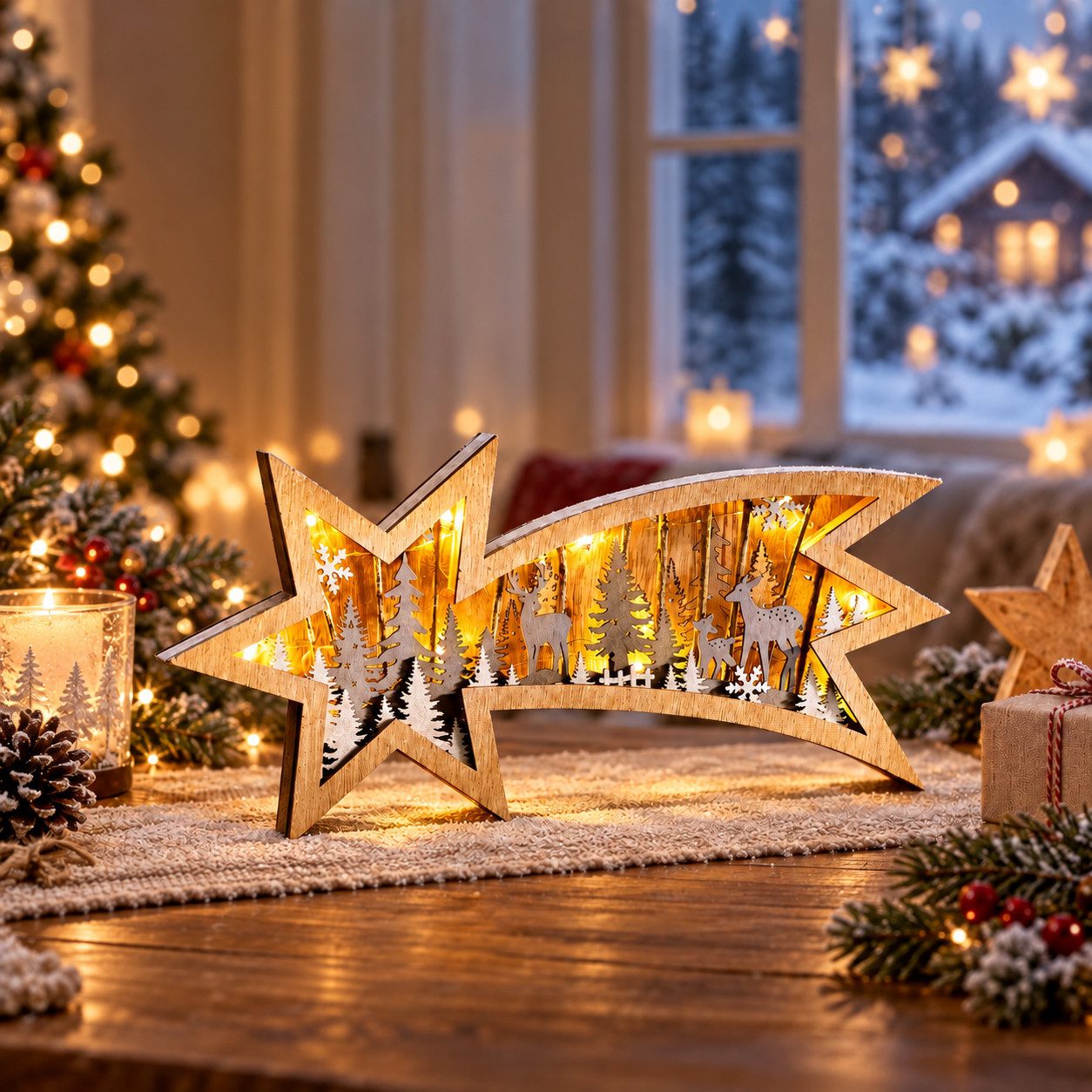 Weltbild LED-Dekofigur LED Deko Sternschnuppe Winterwald Holzstern 36 cm Weihnachtsdeko, Holzstern Sternschnuppe Winterdeko Adventsdeko Lichterdeko Tischdeko