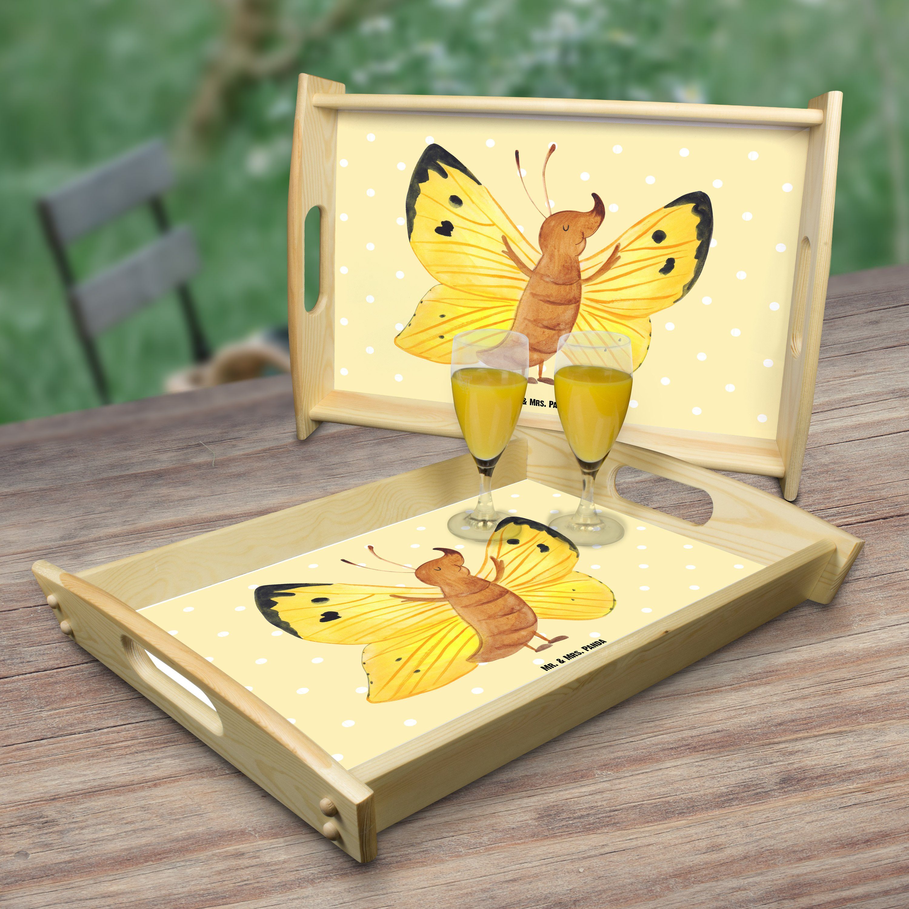 Mr. & Mrs. Panda Küchentablett, - - Tablett Echtholz lasiert, Gelb Pastell Zitronenfalter Geschenk, (1-tlg) Schmetterling