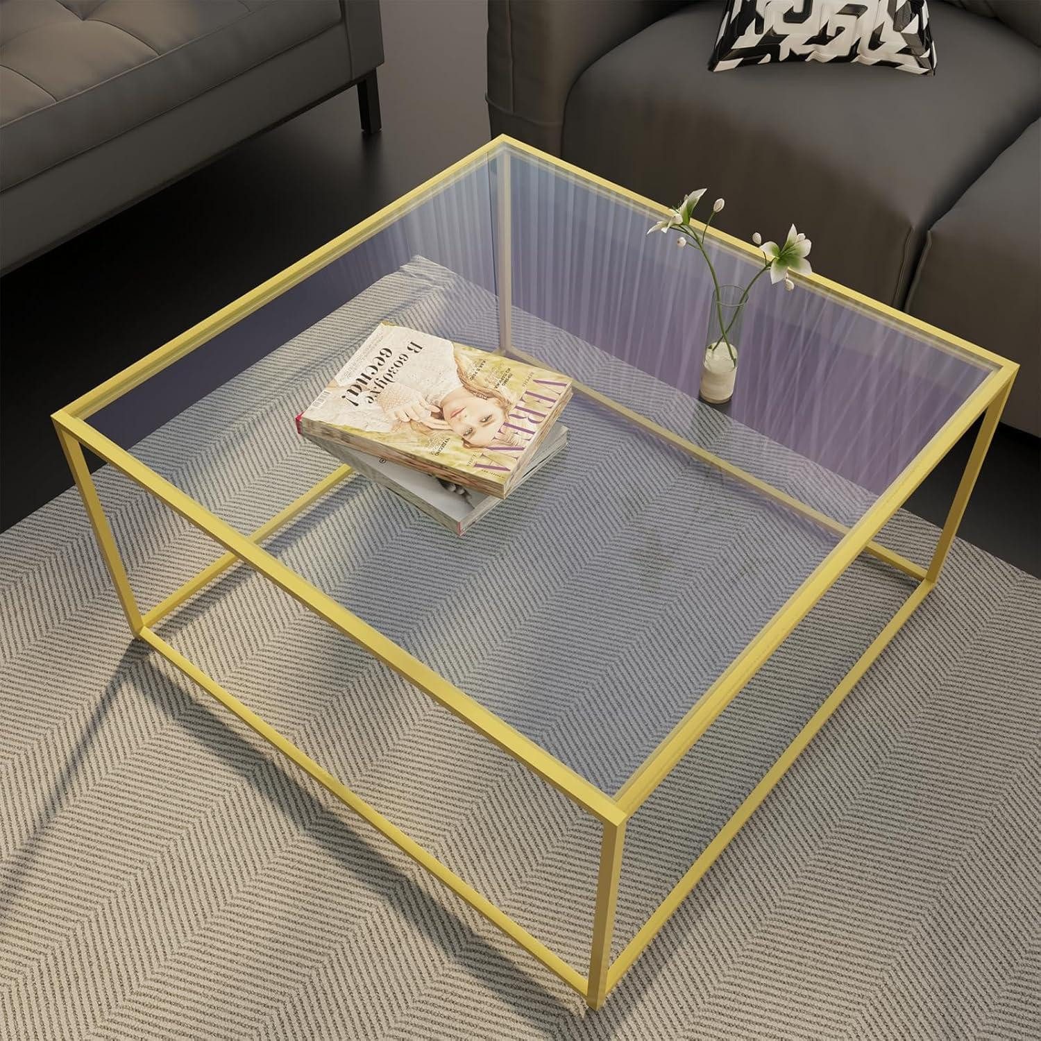 LuxusKollektion Couchtisch Couchtisch Glas quadratisch modern gold 67x67 inkl. Metallgestell
