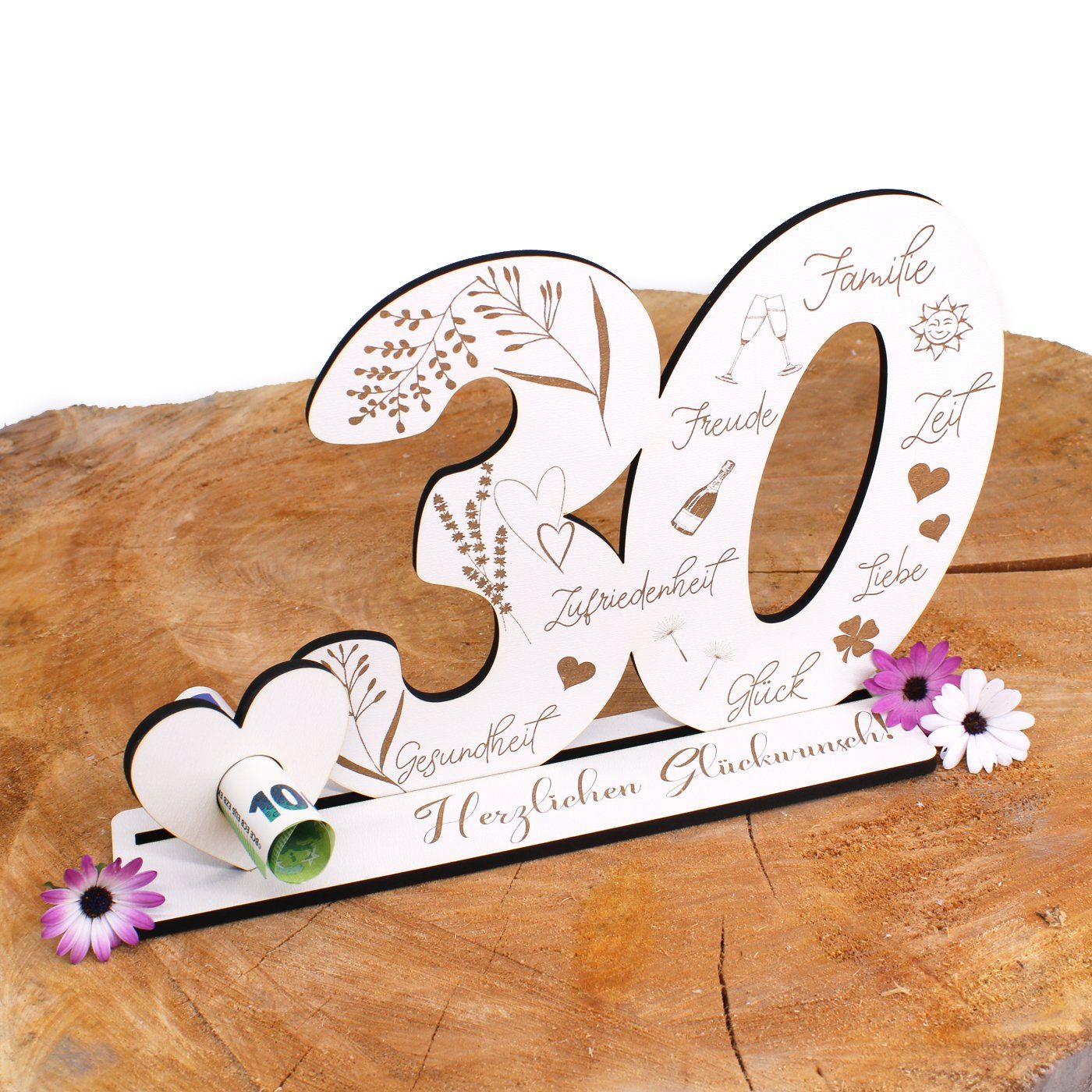 Dekolando Deko-Buchstaben Aufsteller Zahl 30 Geburtstag Herzlichen Glückwunsch Geldgeschenk (weiß, 3tlg), 17 x 24 cm