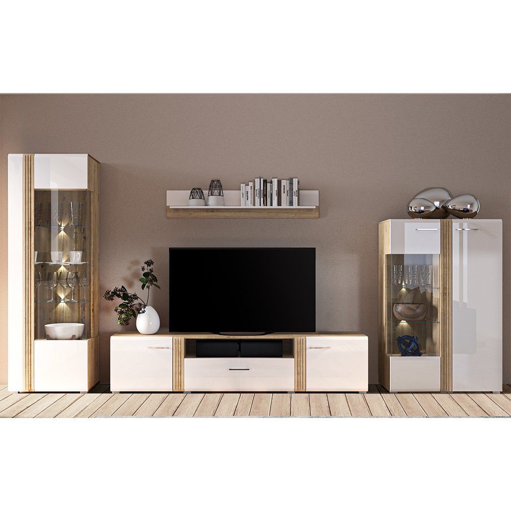 Lomadox Wohnwand AKRON-131, (4-St), Anbauwand inkl. Vitrinenschrank, Lowboard, Wandboard und Highboard